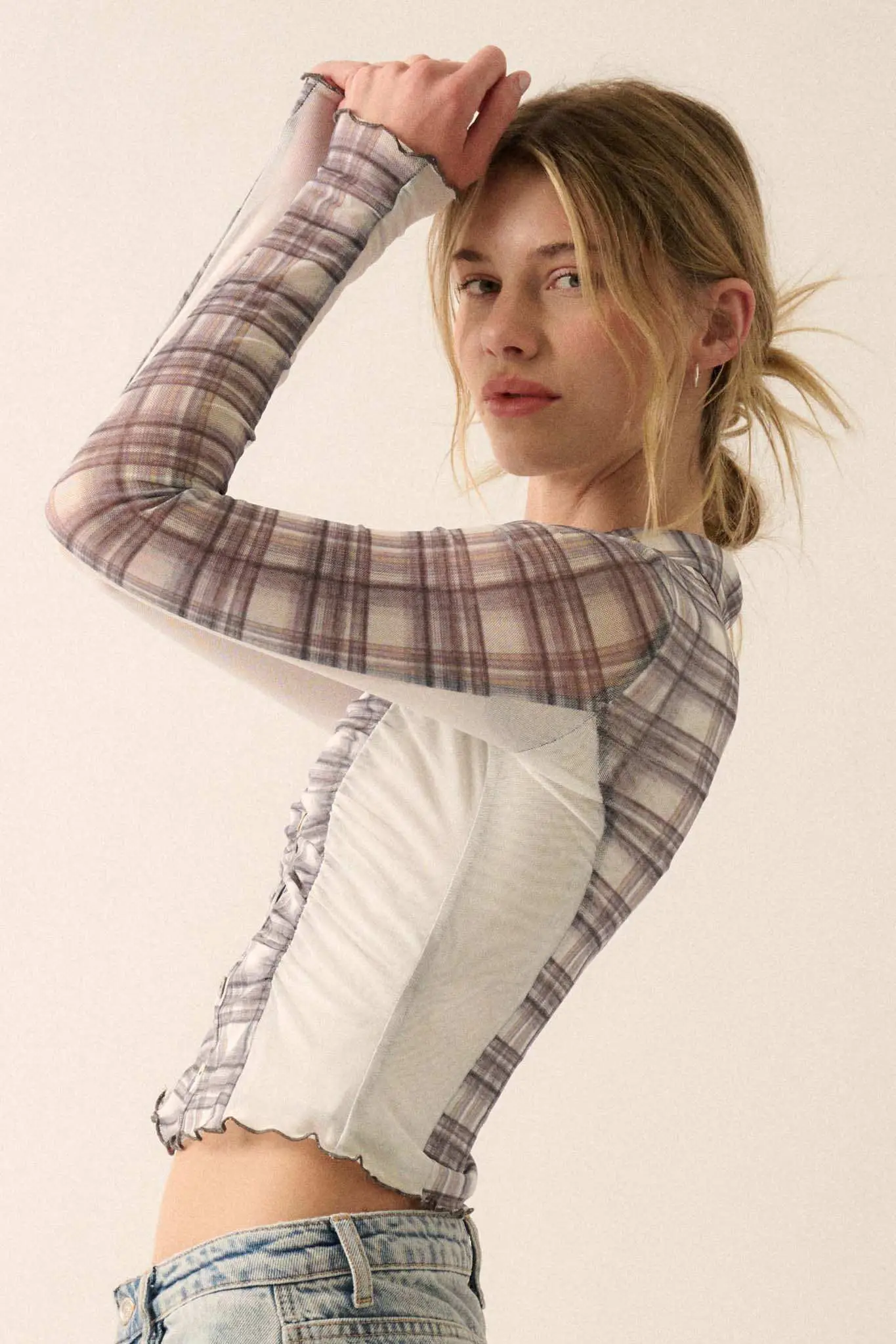 Plaid Behavior Ruched Mesh Cropped Button-Up Shirt - Image 2