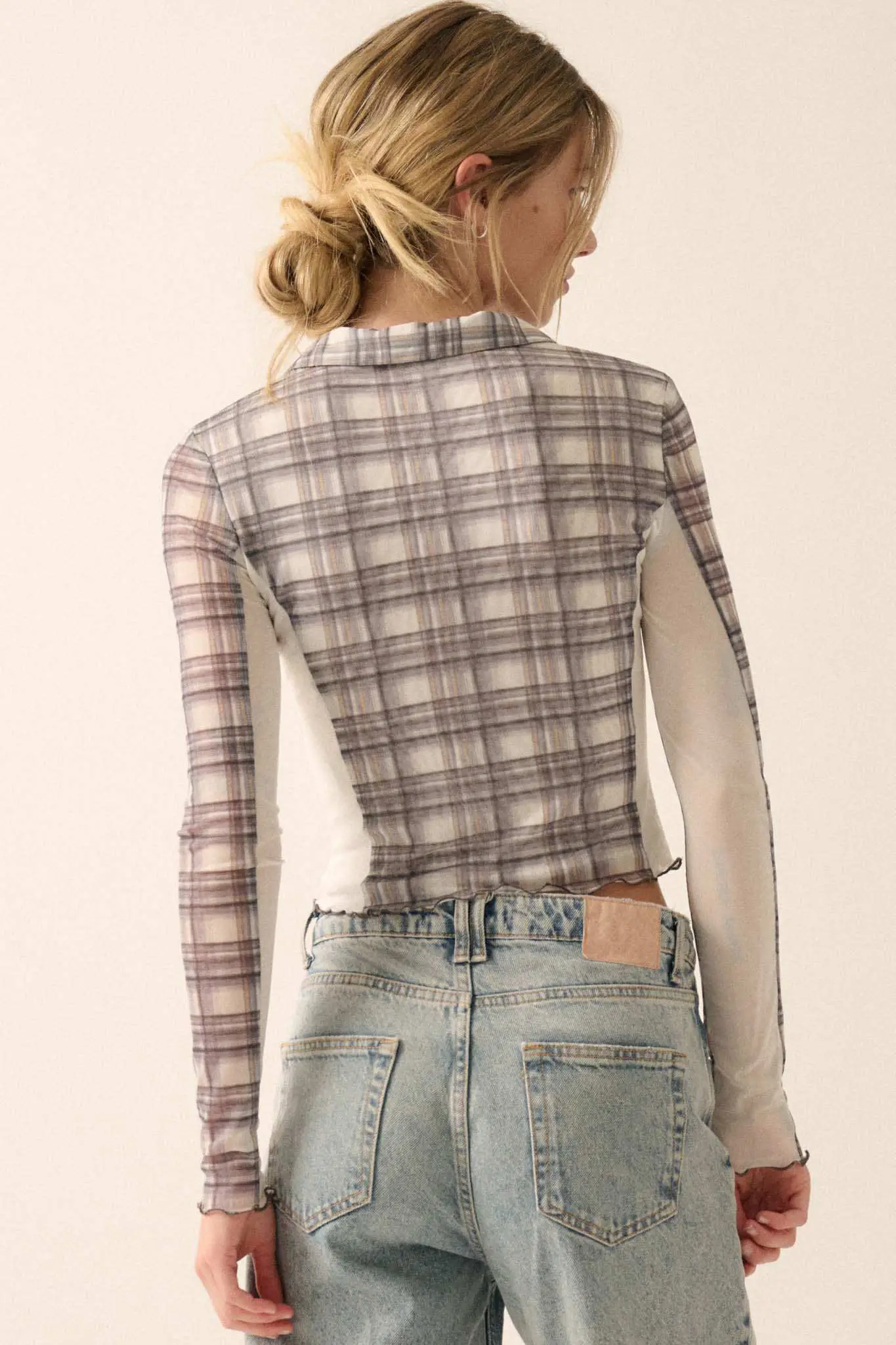 Plaid Behavior Ruched Mesh Cropped Button-Up Shirt - Image 6
