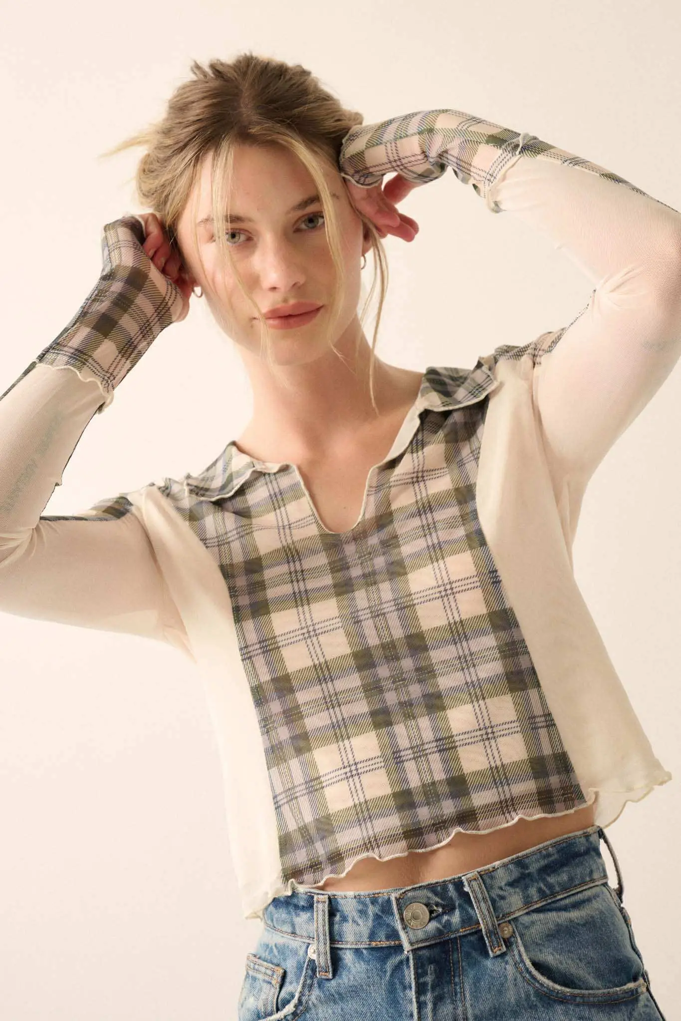 Plaid Habits Colorblock Mesh Thumbhole Top - Image 10