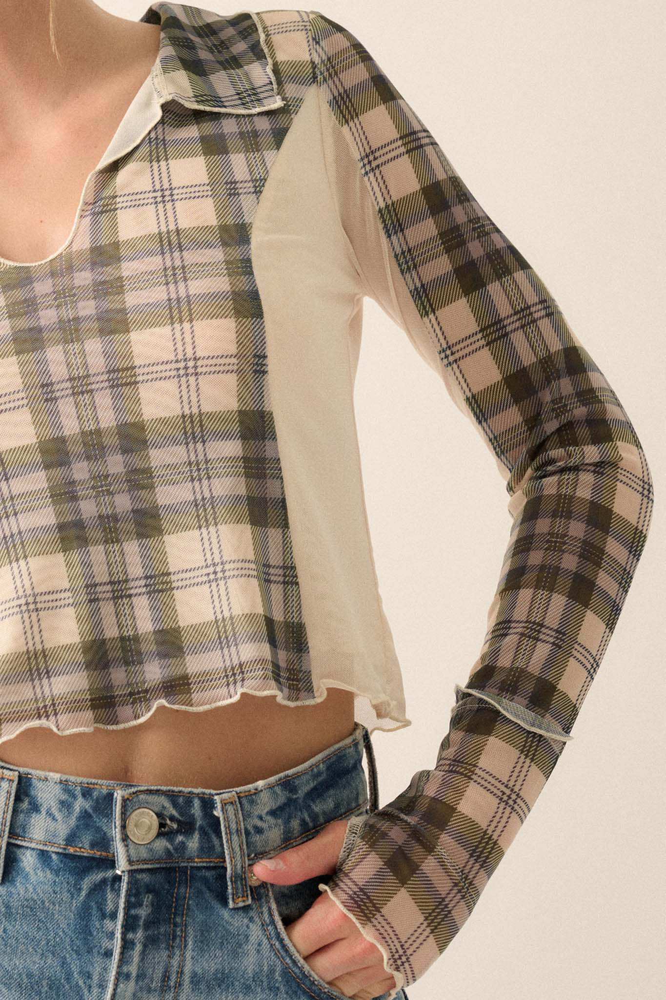 Plaid Habits Colorblock Mesh Thumbhole Top - Image 12