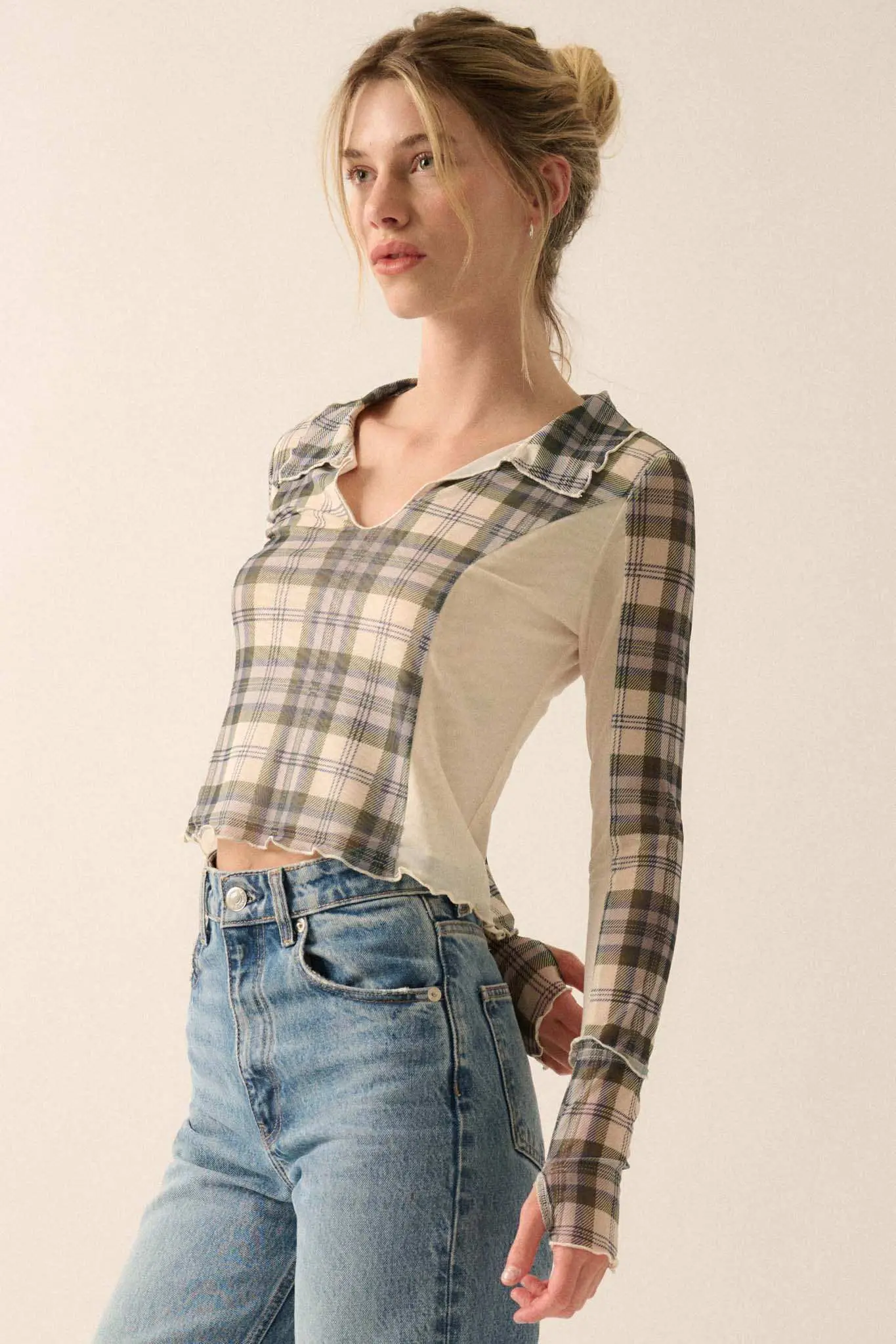 Plaid Habits Colorblock Mesh Thumbhole Top - Image 14