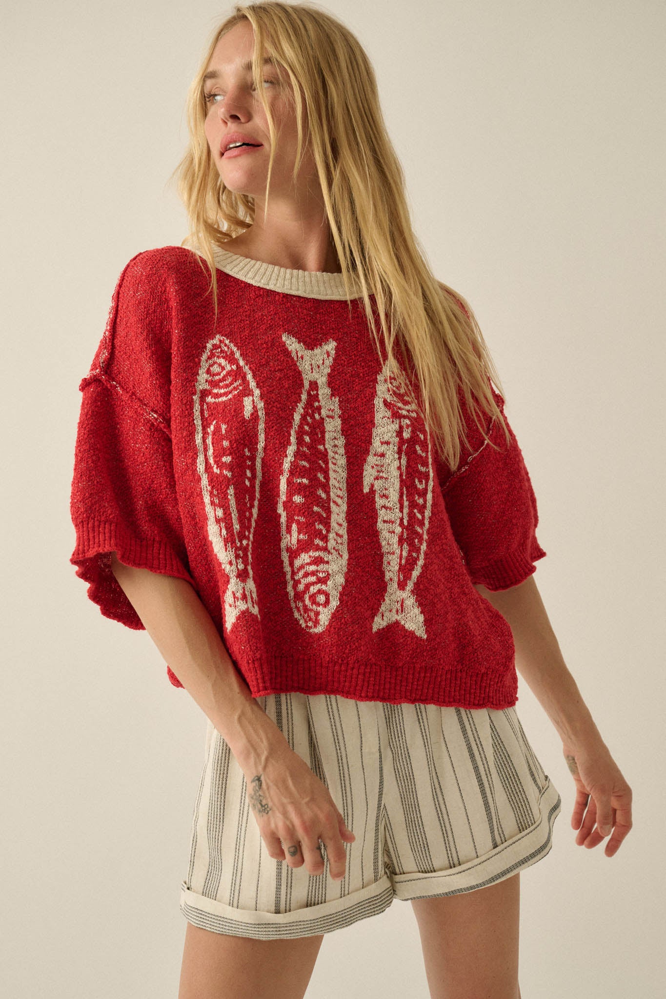 Plenty of Fish Jacquard-Knit Short-Sleeve Sweater - Image 7