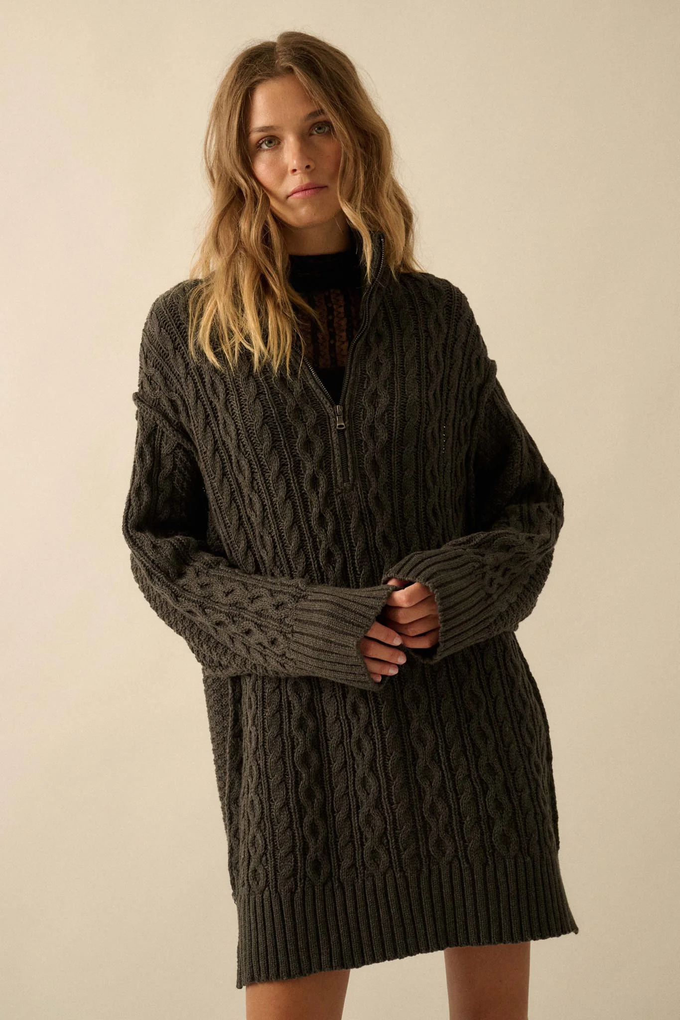 Plot Twist Half-Zip Cable Knit Sweater Dress - Image 10