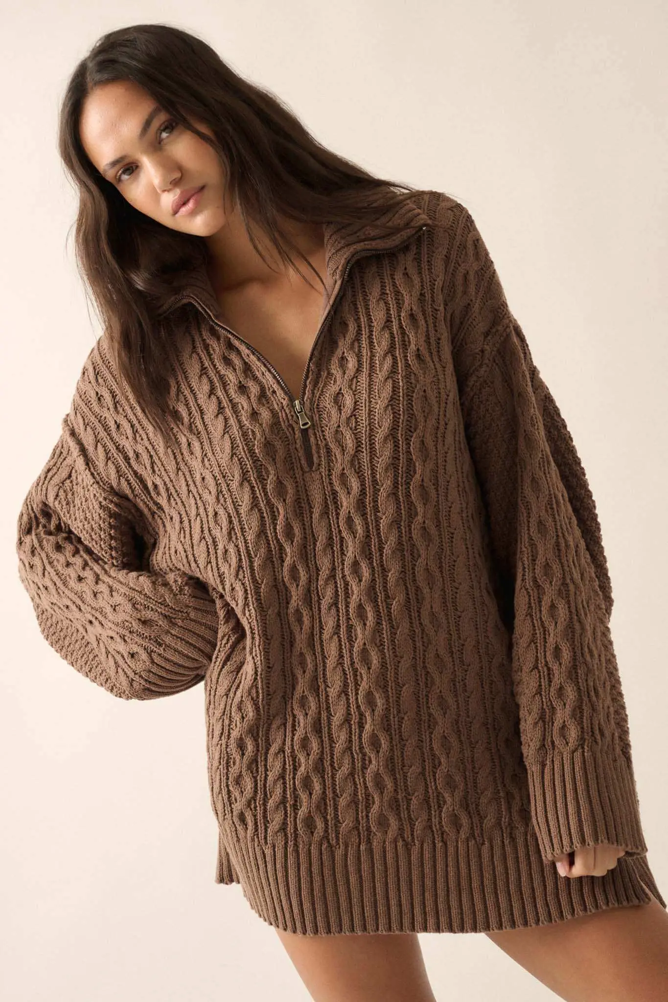 Plot Twist Half-Zip Cable Knit Sweater Dress - Image 15