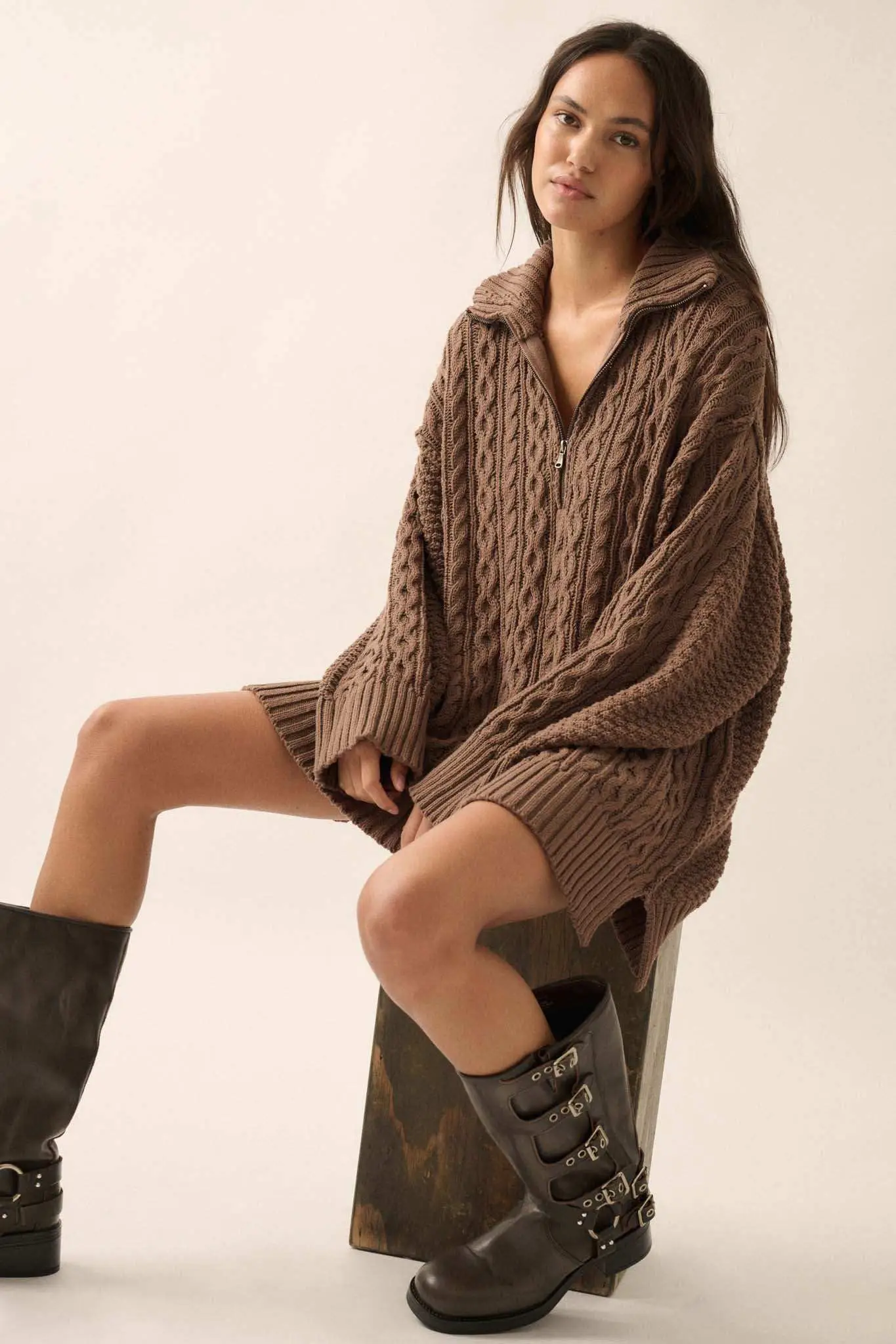 Plot Twist Half-Zip Cable Knit Sweater Dress - Image 17