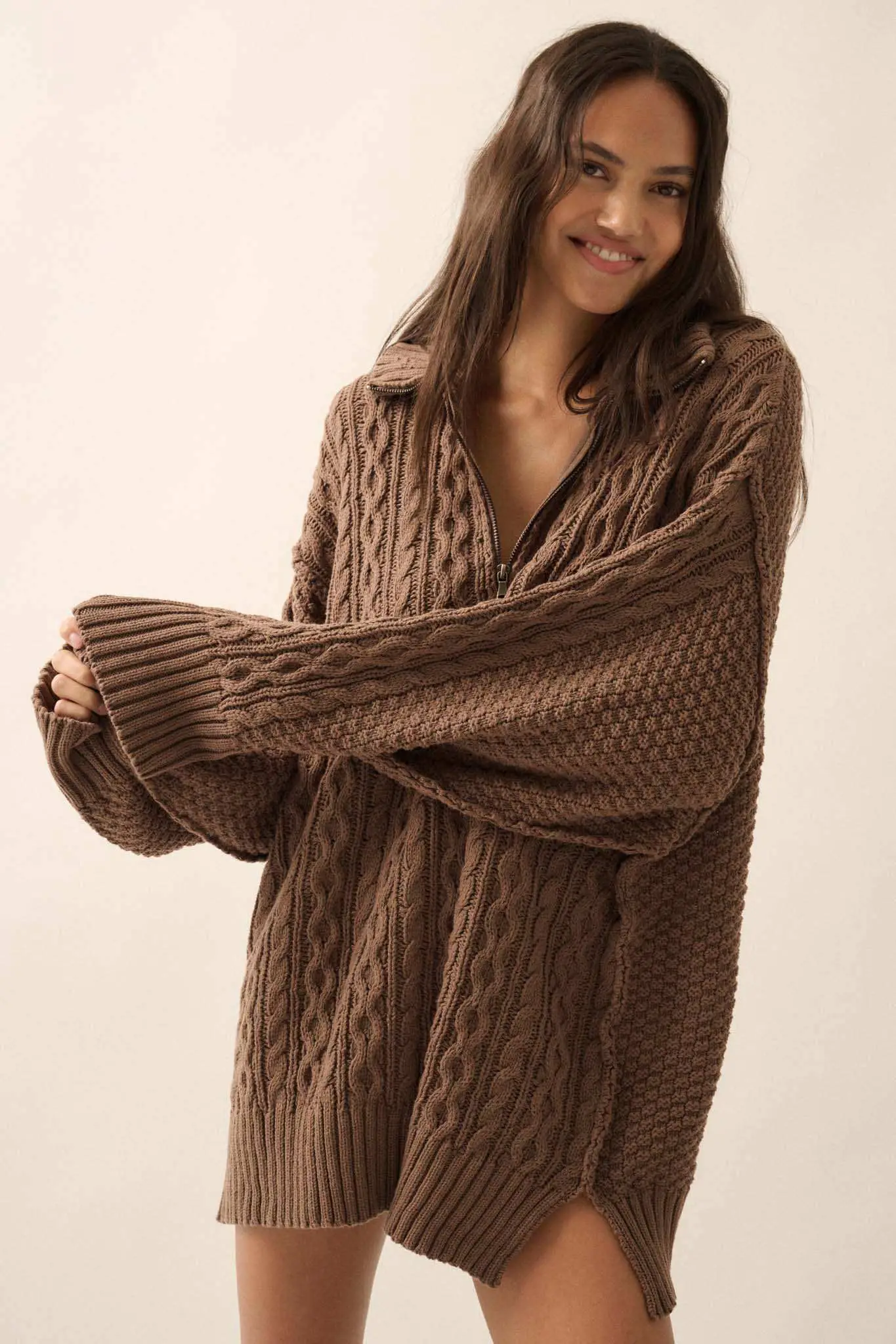 Plot Twist Half-Zip Cable Knit Sweater Dress - Image 19