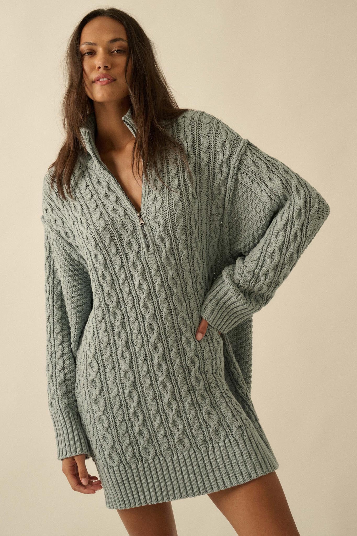 Plot Twist Half-Zip Cable Knit Sweater Dress - Image 2