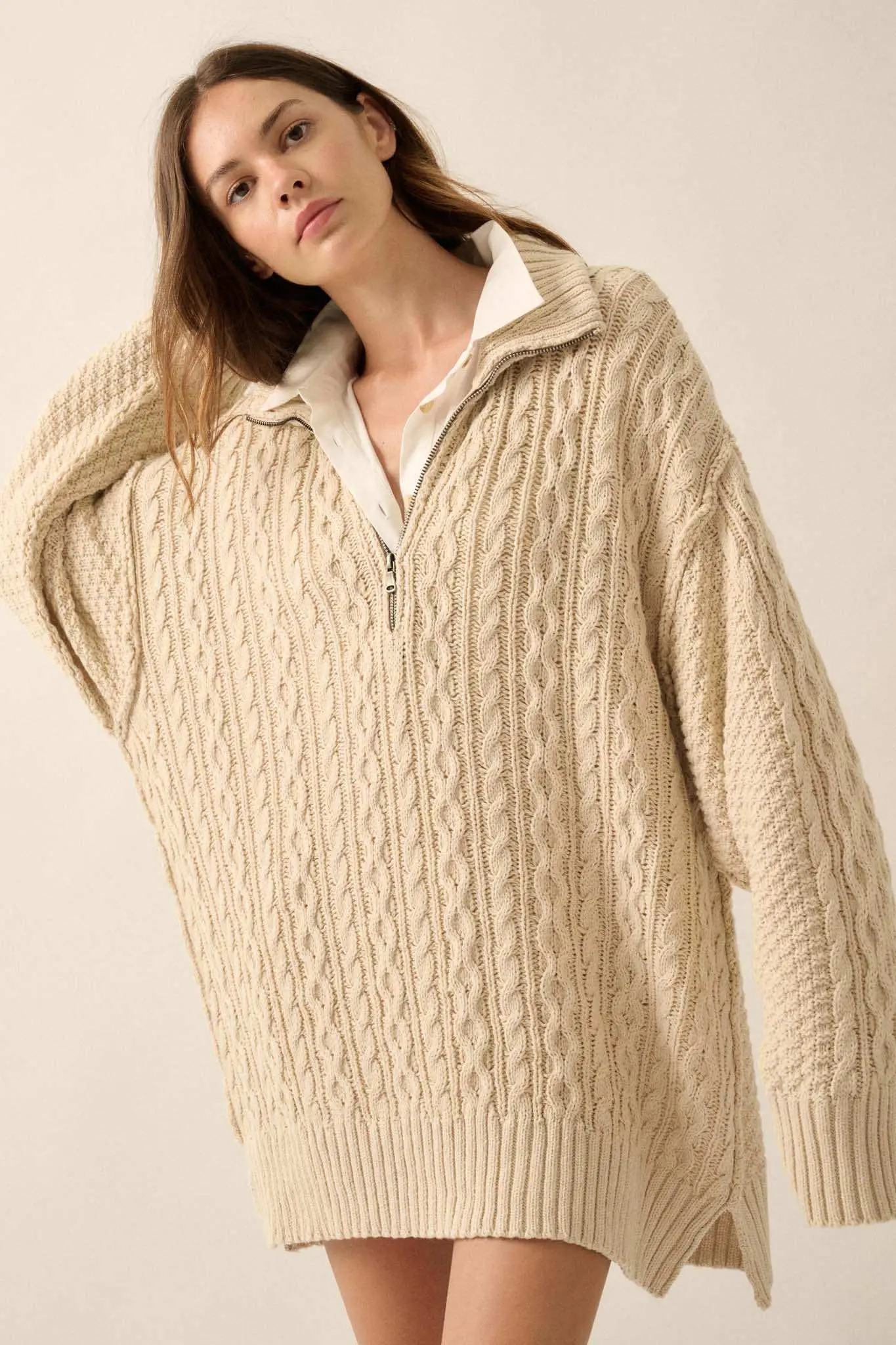 Plot Twist Half-Zip Cable Knit Sweater Dress - Image 22