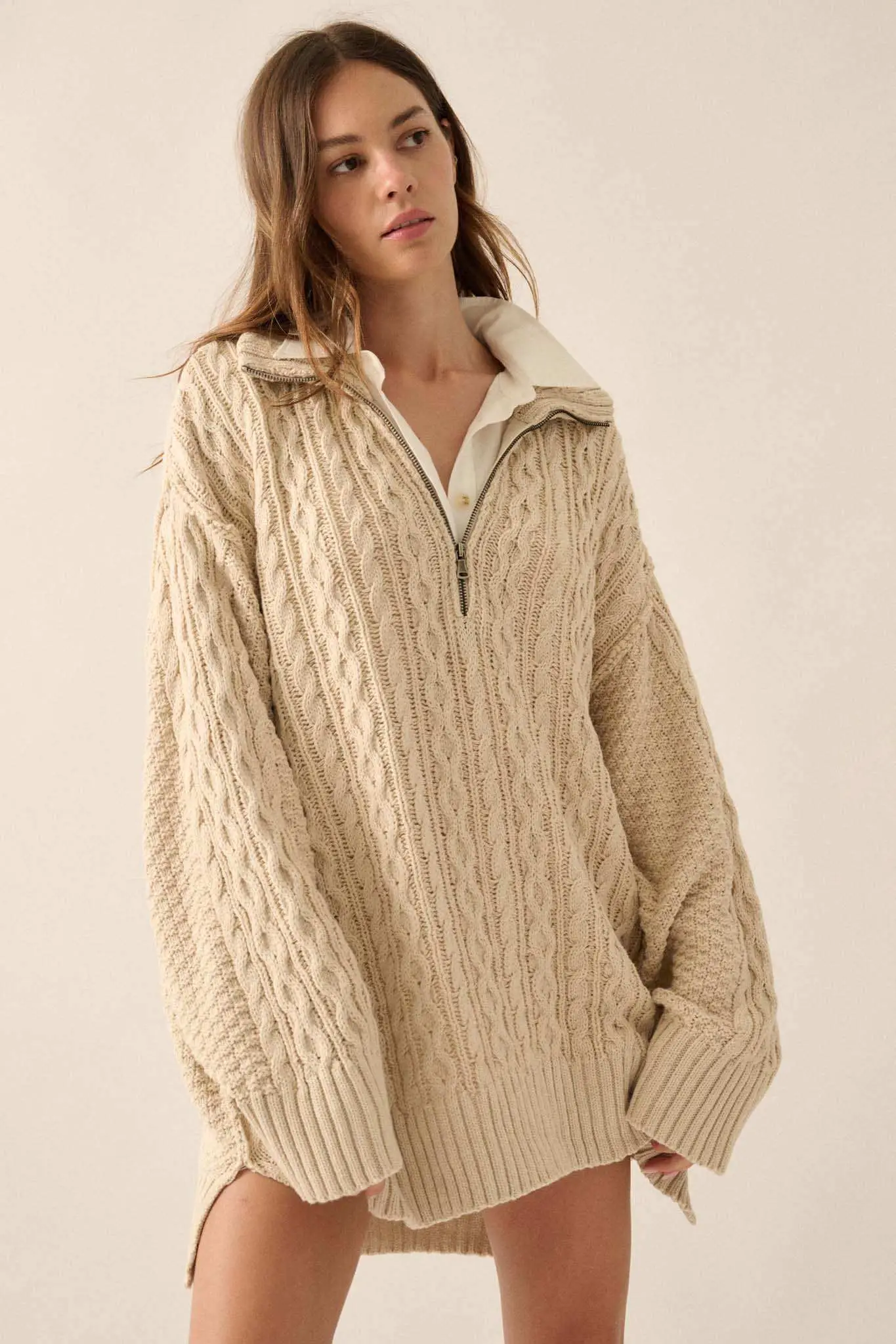 Plot Twist Half-Zip Cable Knit Sweater Dress - Image 25