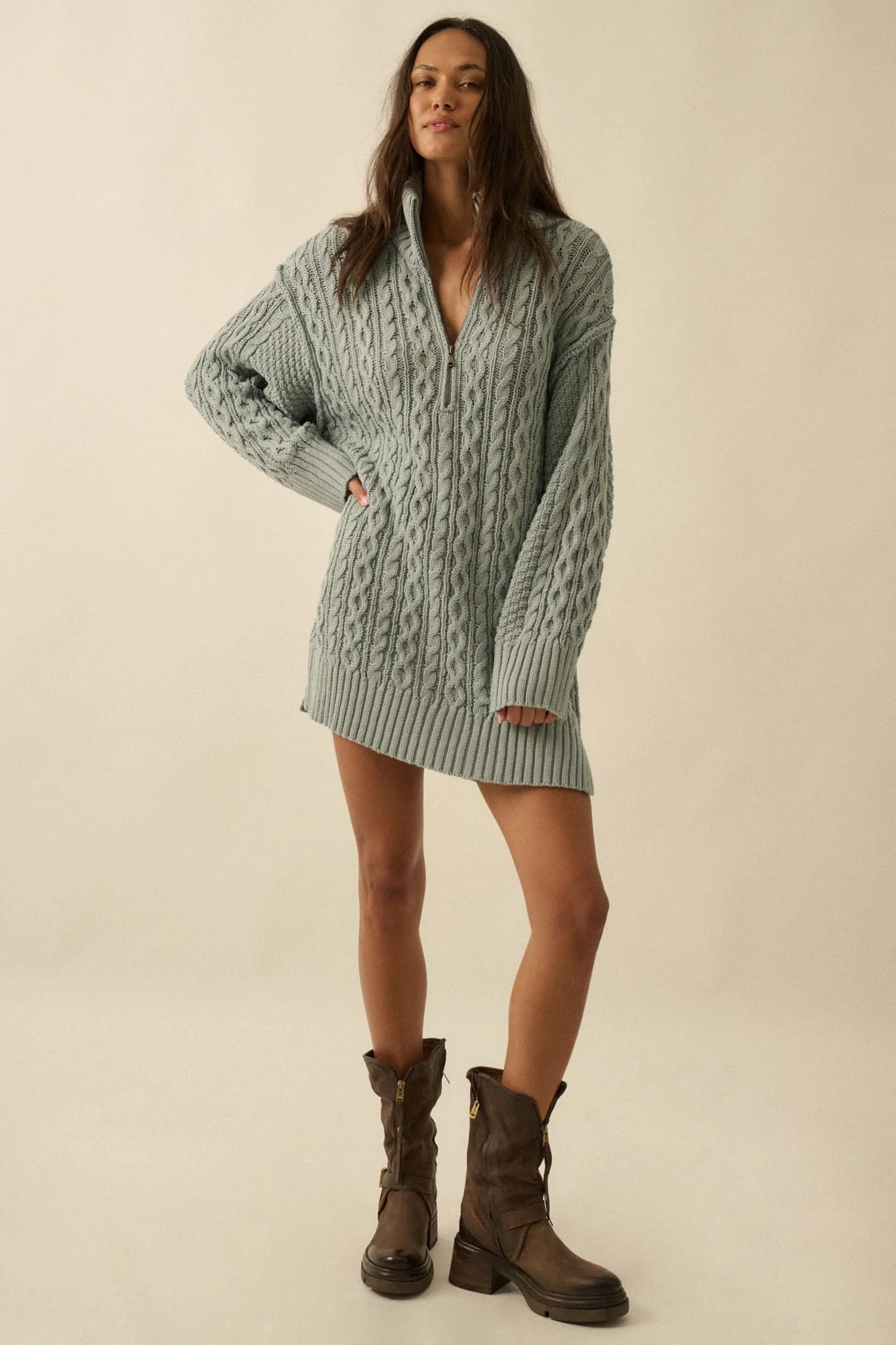 Plot Twist Half-Zip Cable Knit Sweater Dress - Image 4