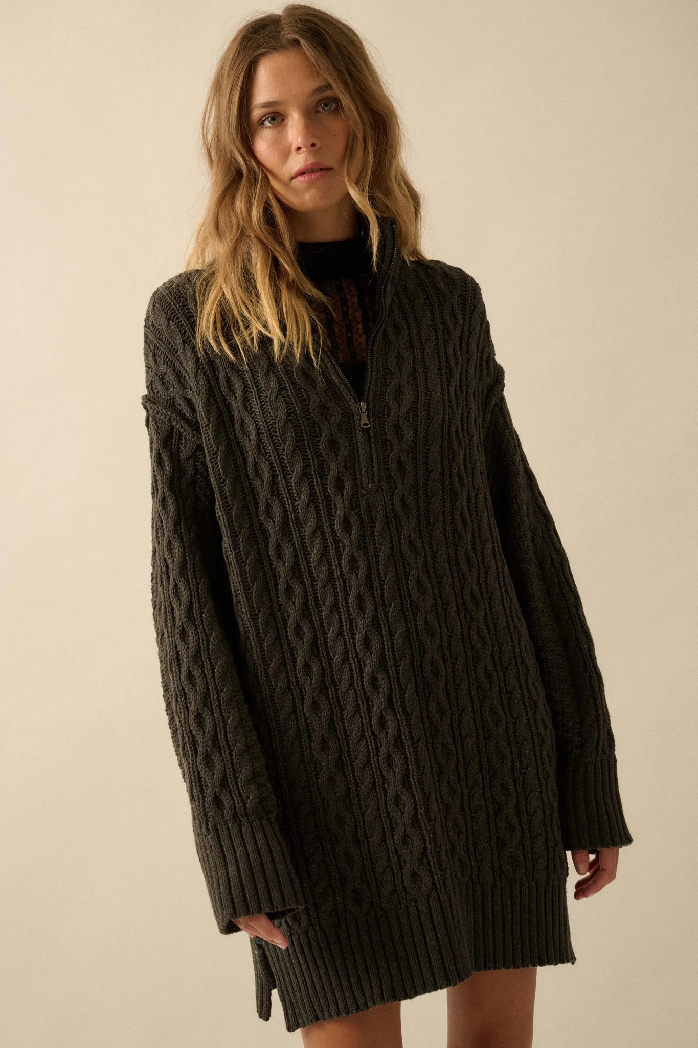 Plot Twist Half-Zip Cable Knit Sweater Dress - Image 7