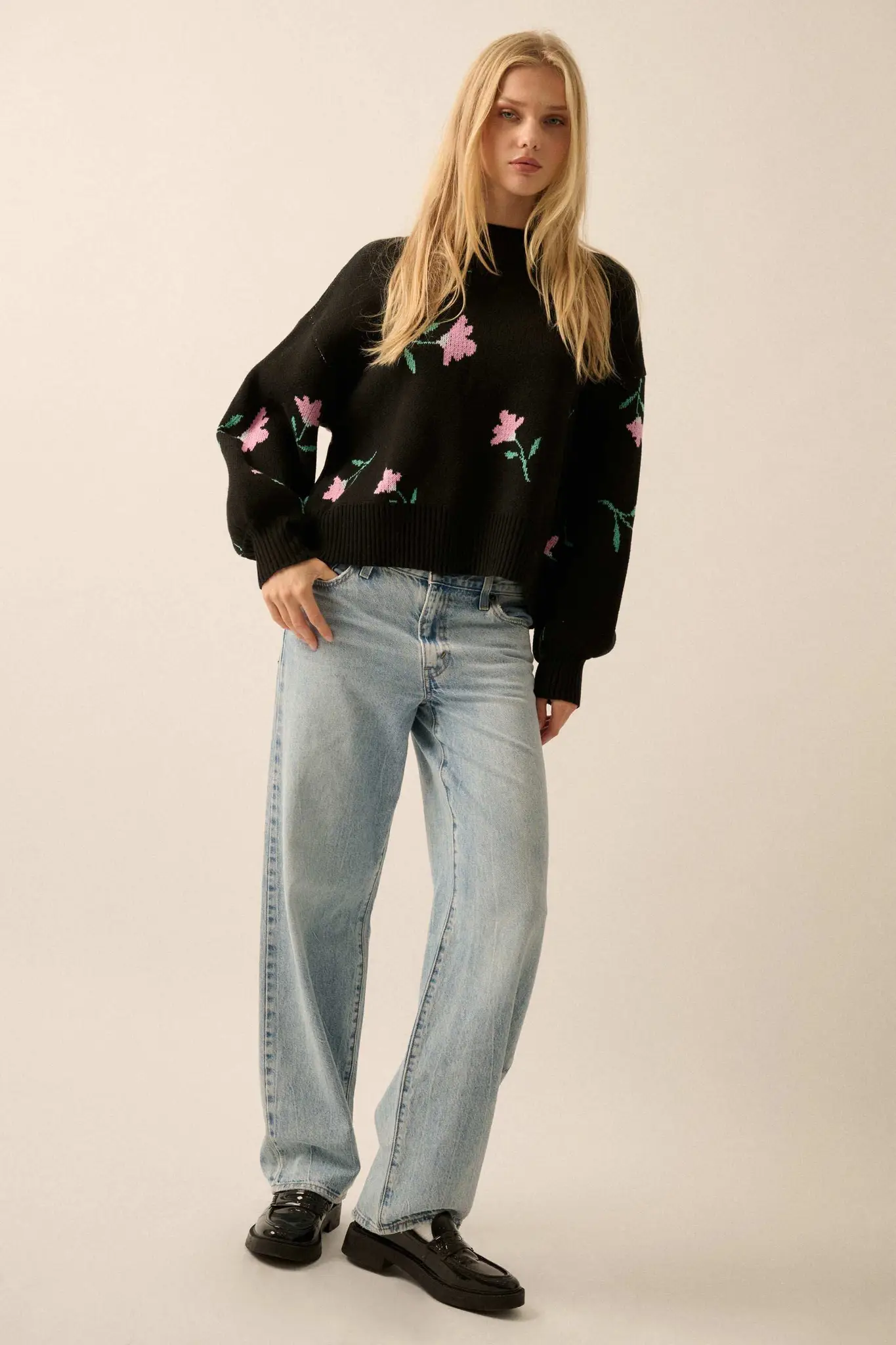 Plush Garden Floral Jacquard Bubble-Sleeve Sweater - Image 3