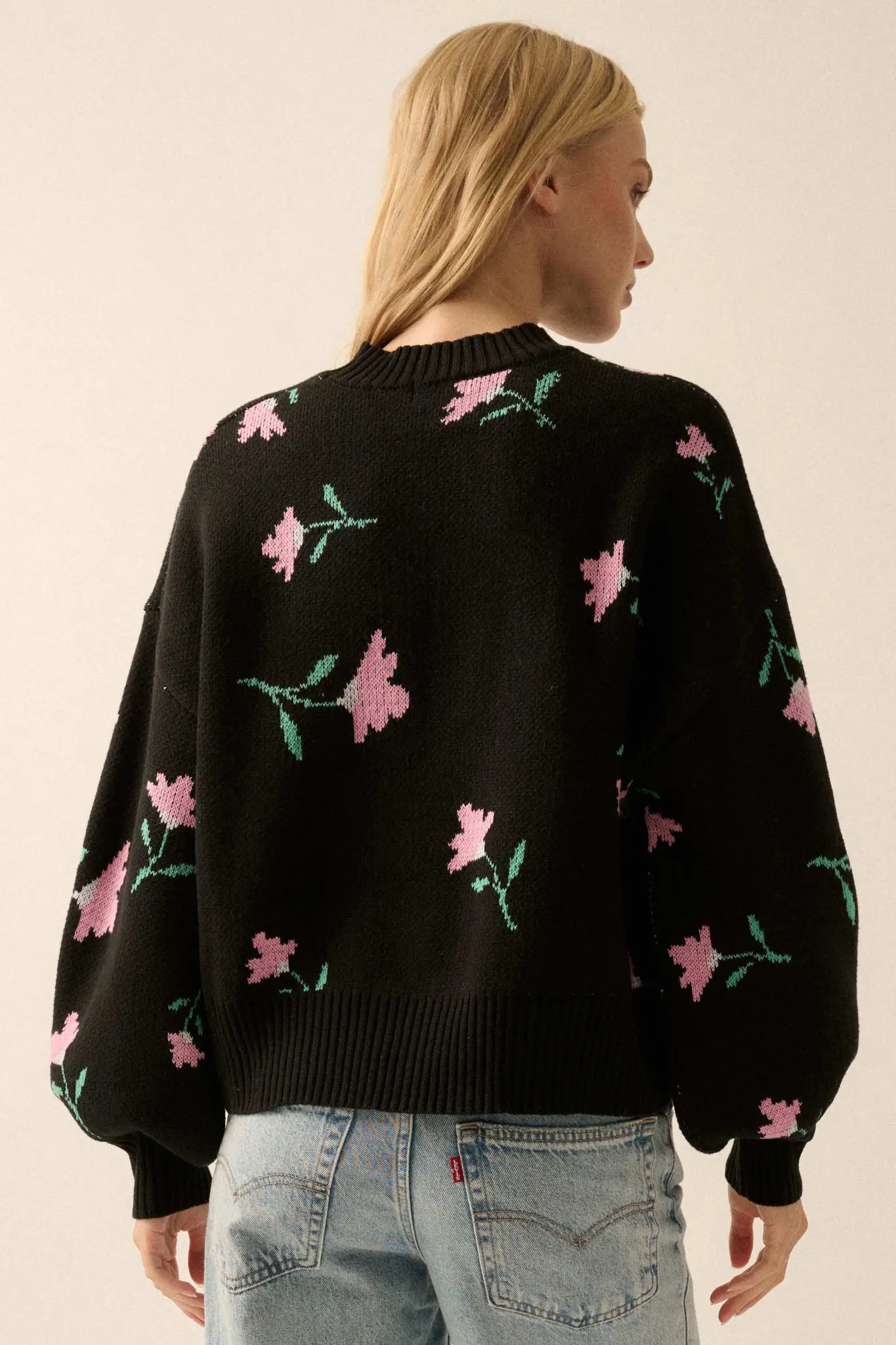 Plush Garden Floral Jacquard Bubble-Sleeve Sweater - Image 6