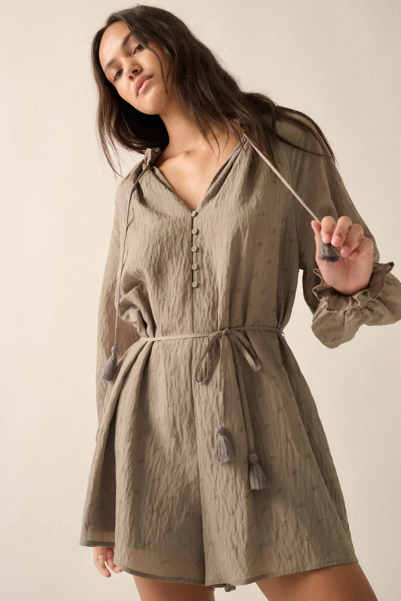 Poetic Heart Jacquard Peasant-Sleeve Belted Romper - Image 11
