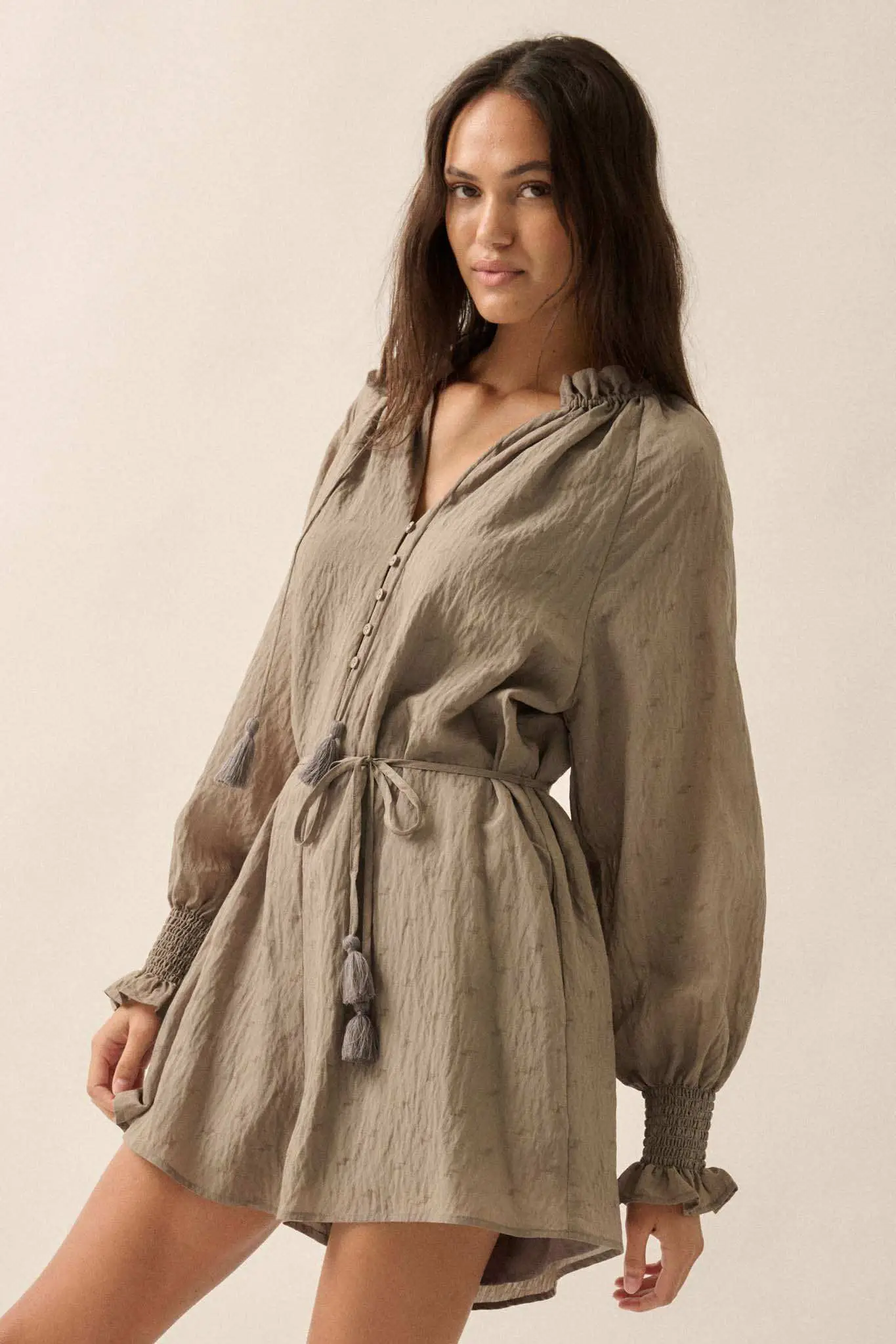 Poetic Heart Jacquard Peasant-Sleeve Belted Romper - Image 14