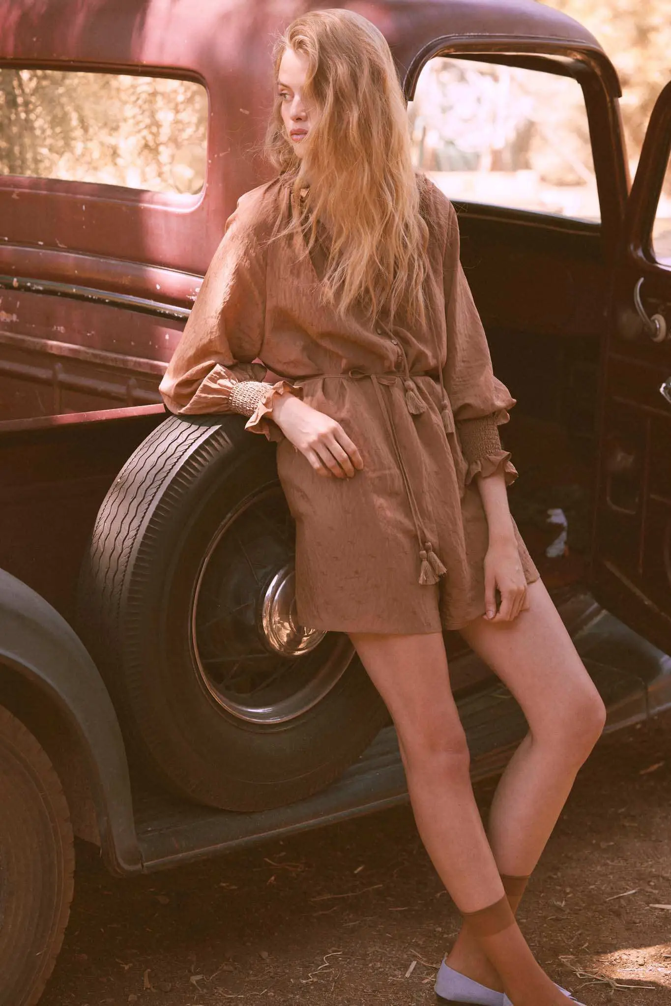 Poetic Heart Jacquard Peasant-Sleeve Belted Romper - Image 2