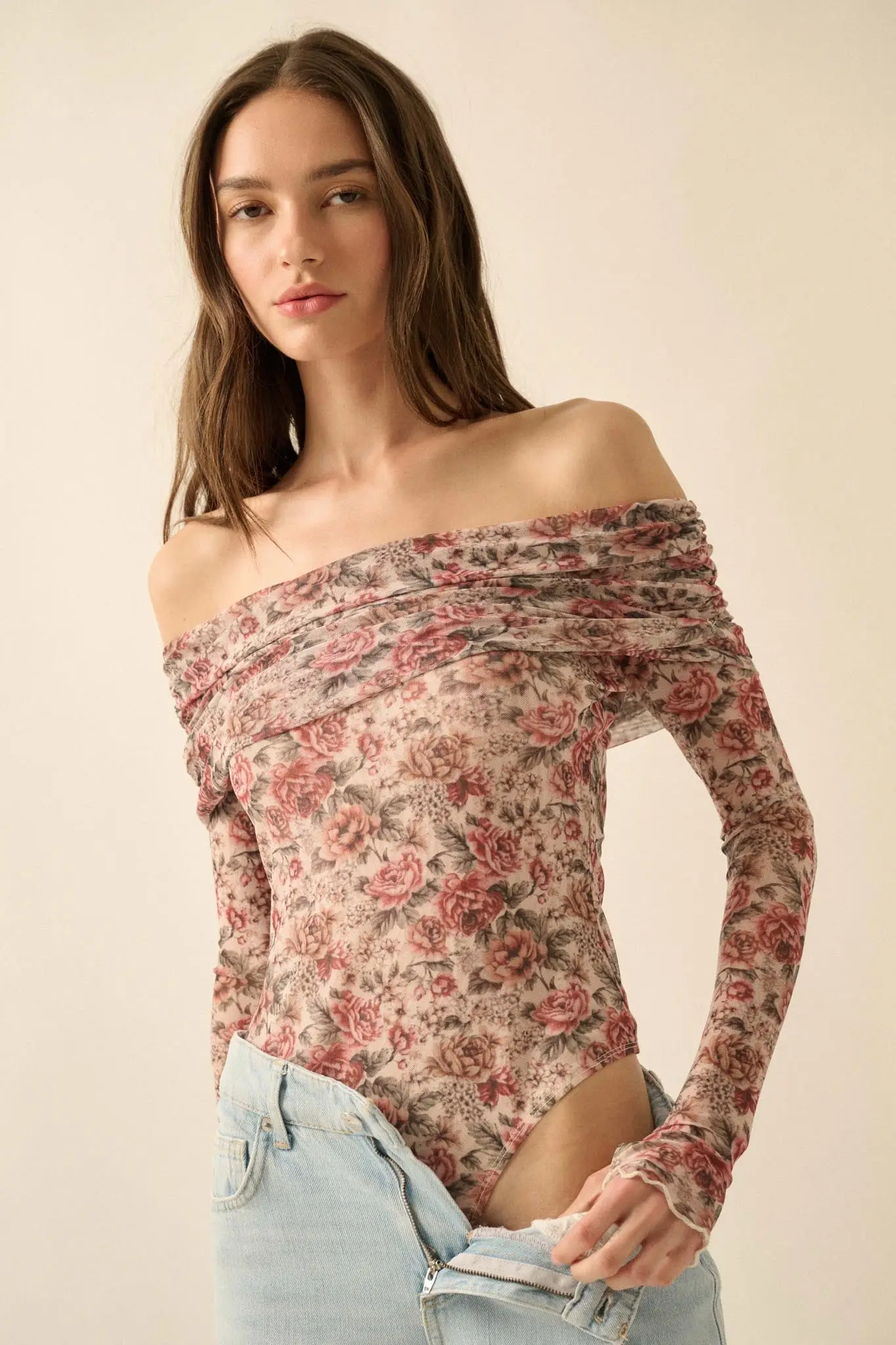 Poetic Petals Floral Mesh Foldover Bodysuit