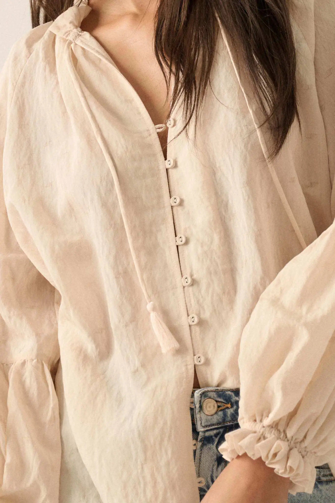 Poetic Soul Buttoned Jacquard Tie-Neck Peasant Top - Image 10