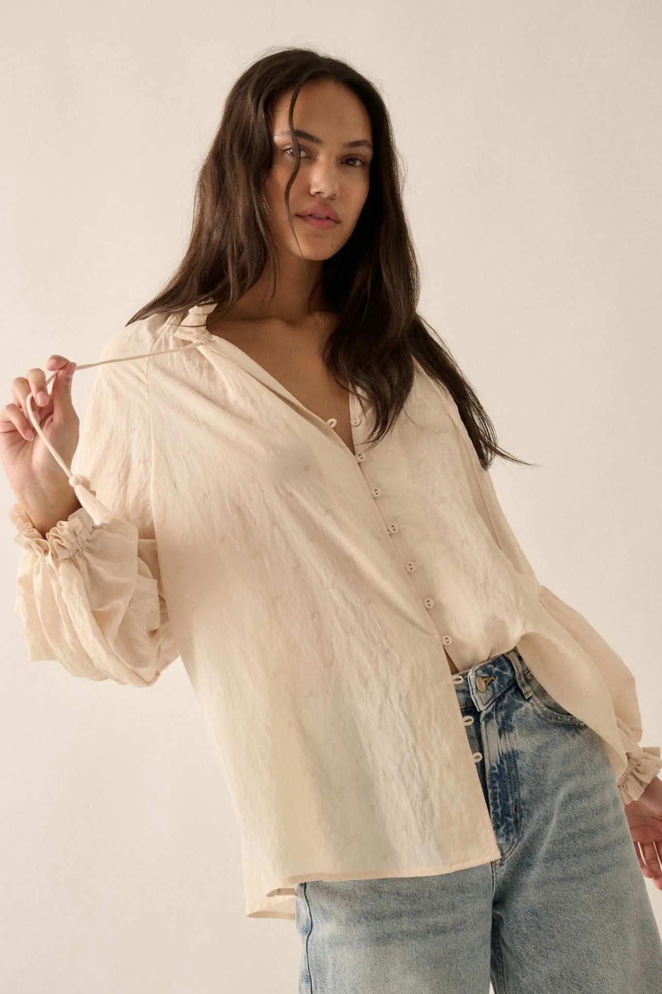 Poetic Soul Buttoned Jacquard Tie-Neck Peasant Top - Image 11