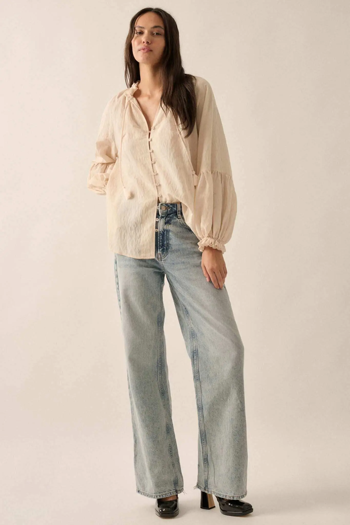 Poetic Soul Buttoned Jacquard Tie-Neck Peasant Top - Image 12