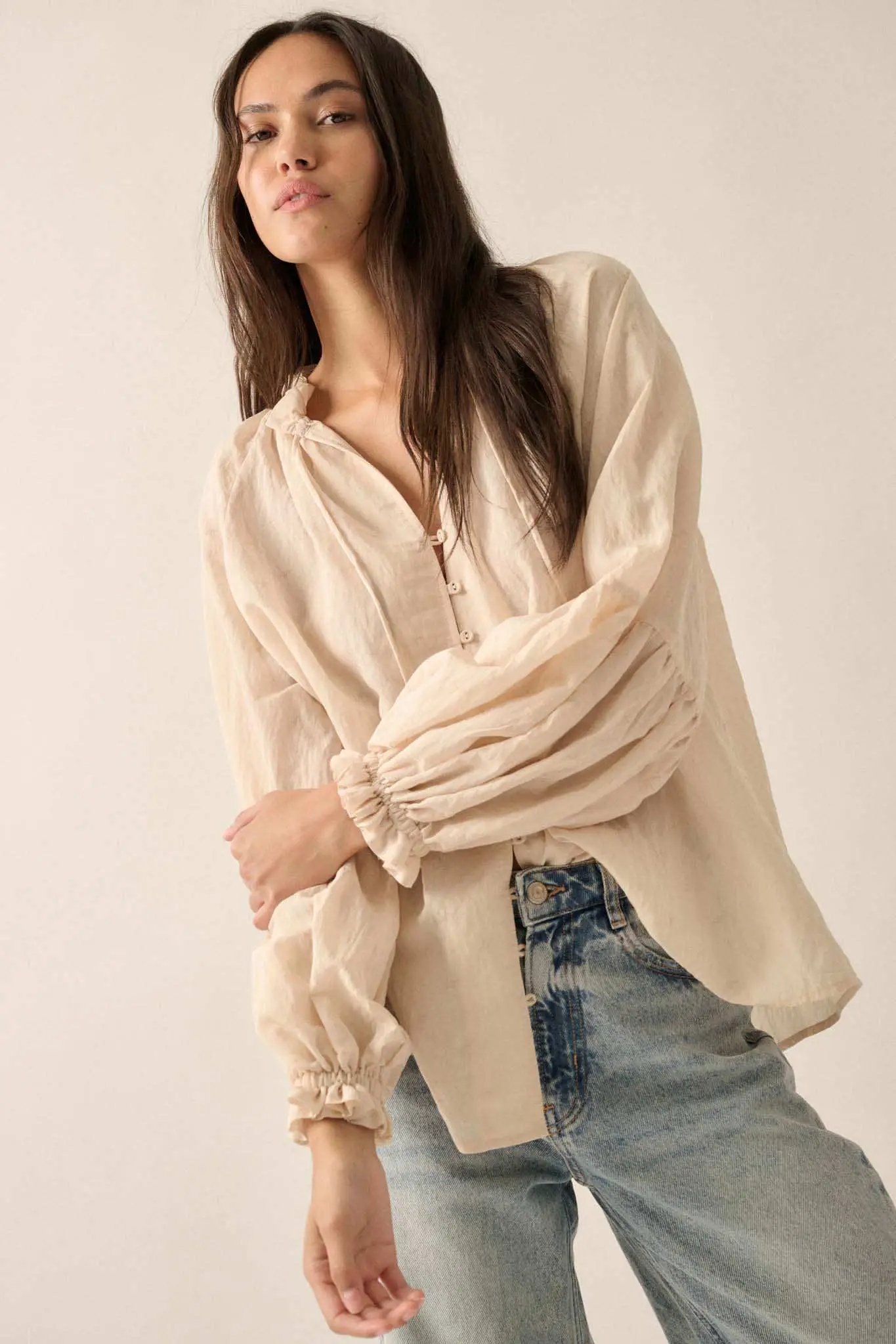 Poetic Soul Buttoned Jacquard Tie-Neck Peasant Top - Image 13