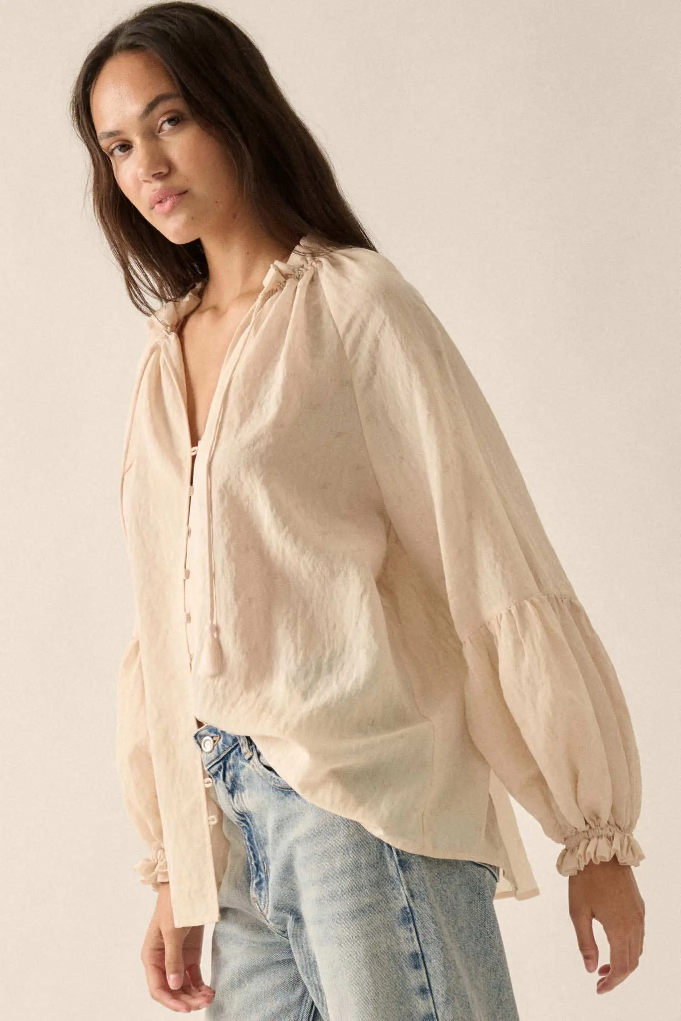 Poetic Soul Buttoned Jacquard Tie-Neck Peasant Top - Image 14