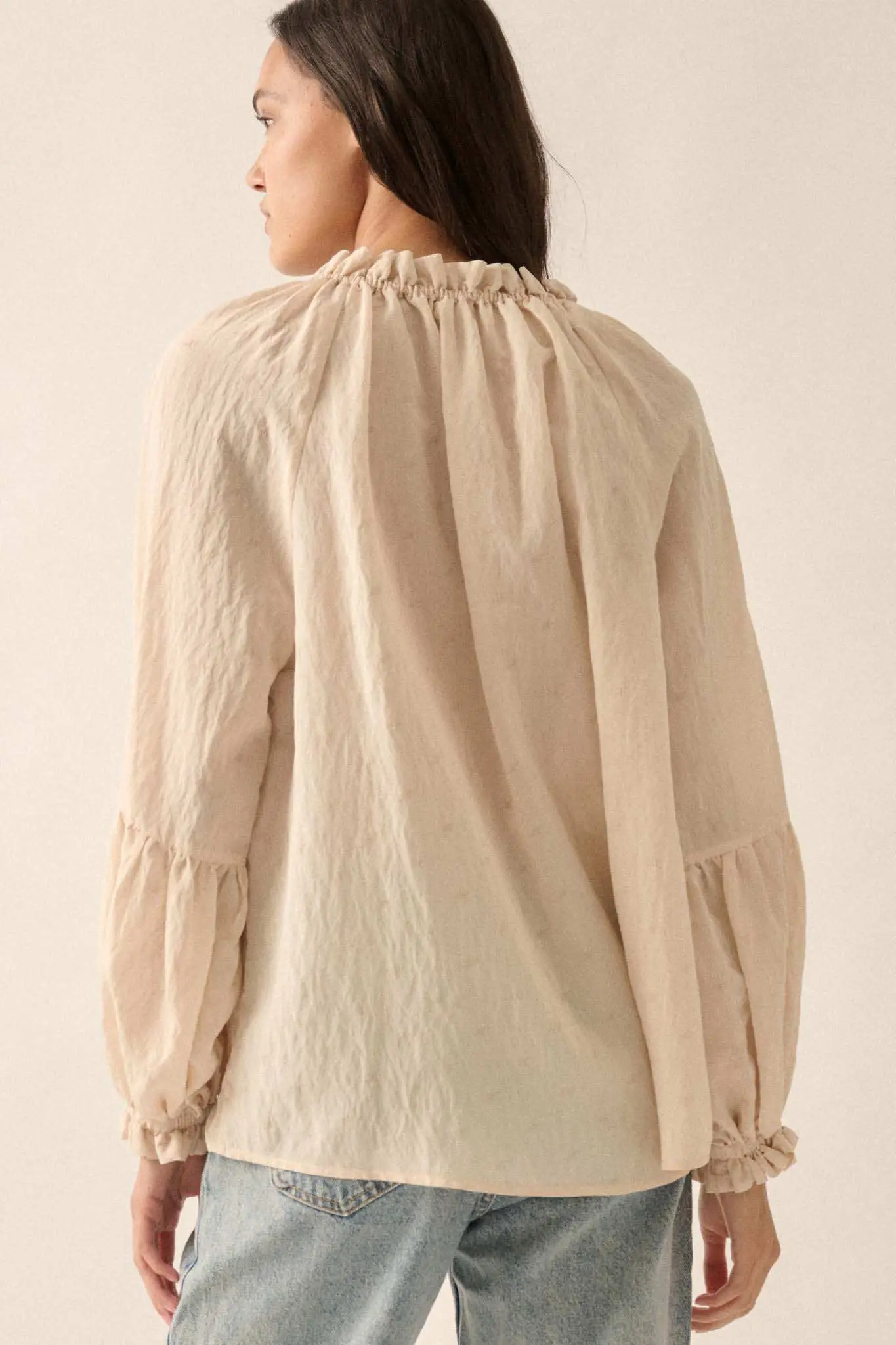 Poetic Soul Buttoned Jacquard Tie-Neck Peasant Top - Image 15