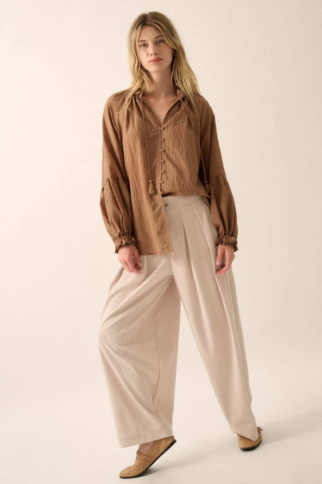 Poetic Soul Buttoned Jacquard Tie-Neck Peasant Top - Image 6