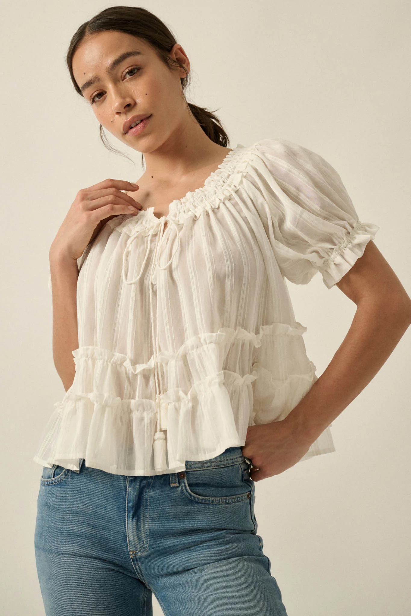 Precious Days Tonal Stripe Ruffle Babydoll Top - Image 10
