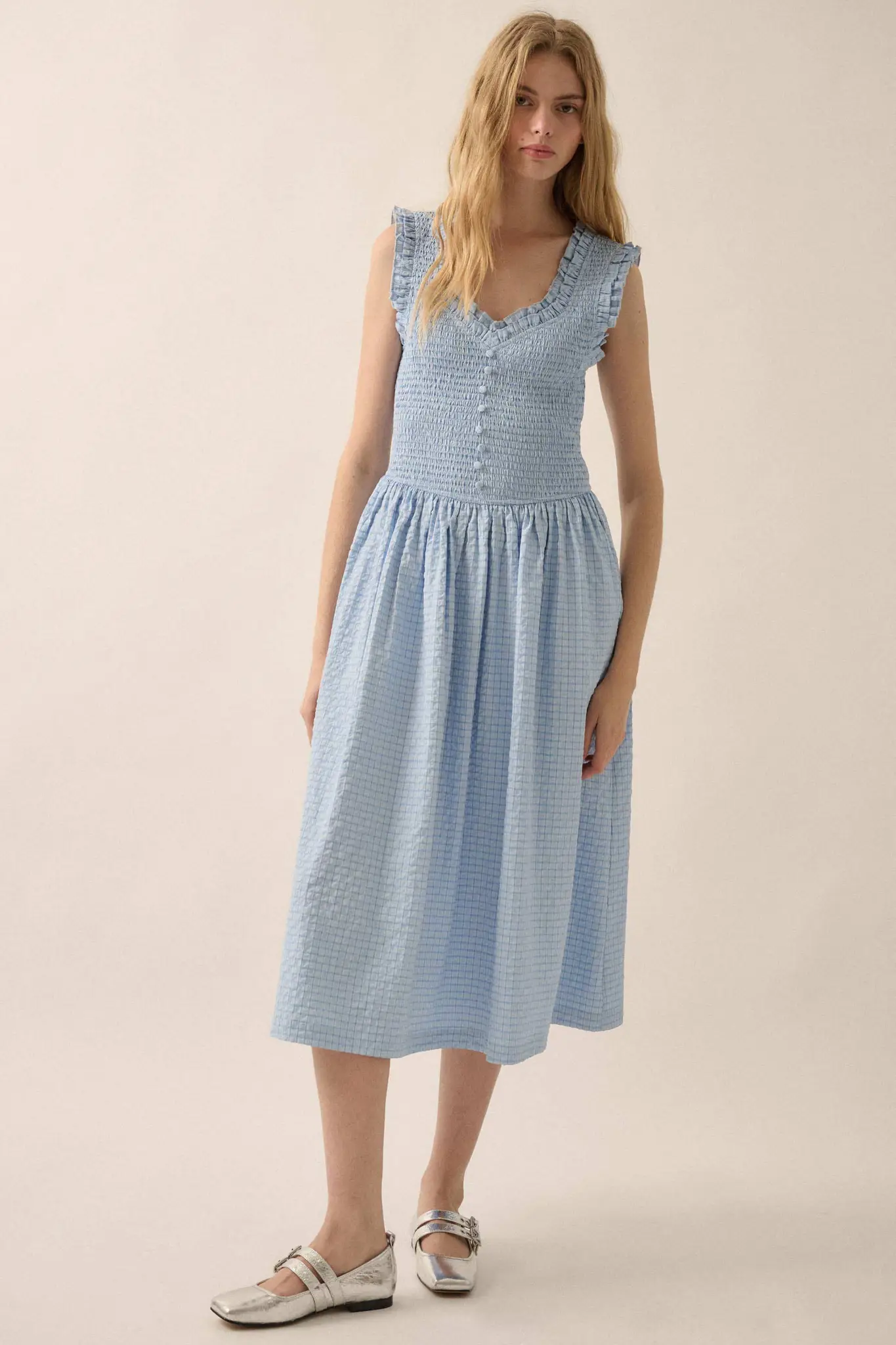 Pretty Please Smocked Paid Buttoned Midi Dress - Image 10