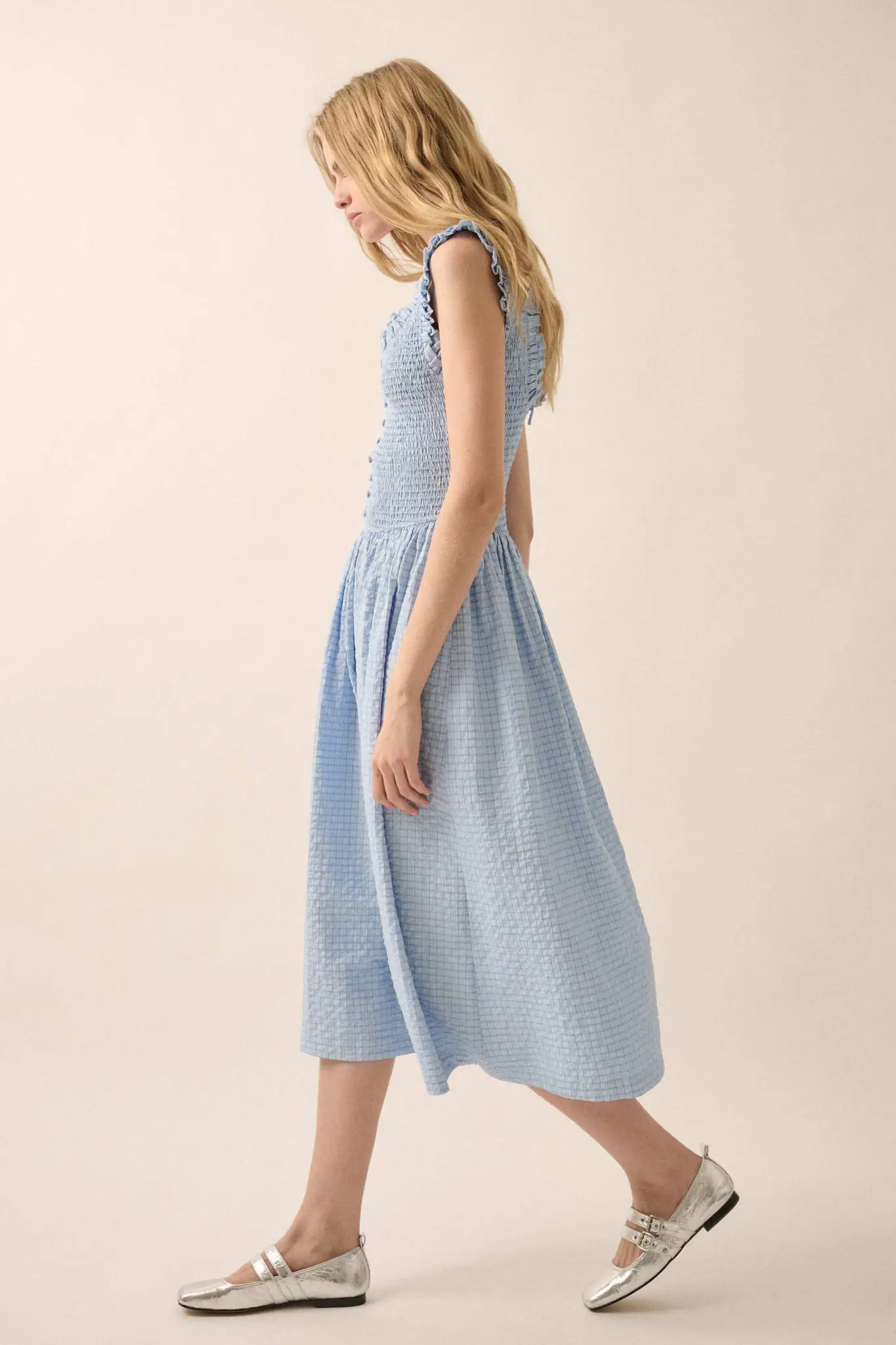 Pretty Please Smocked Paid Buttoned Midi Dress - Image 11