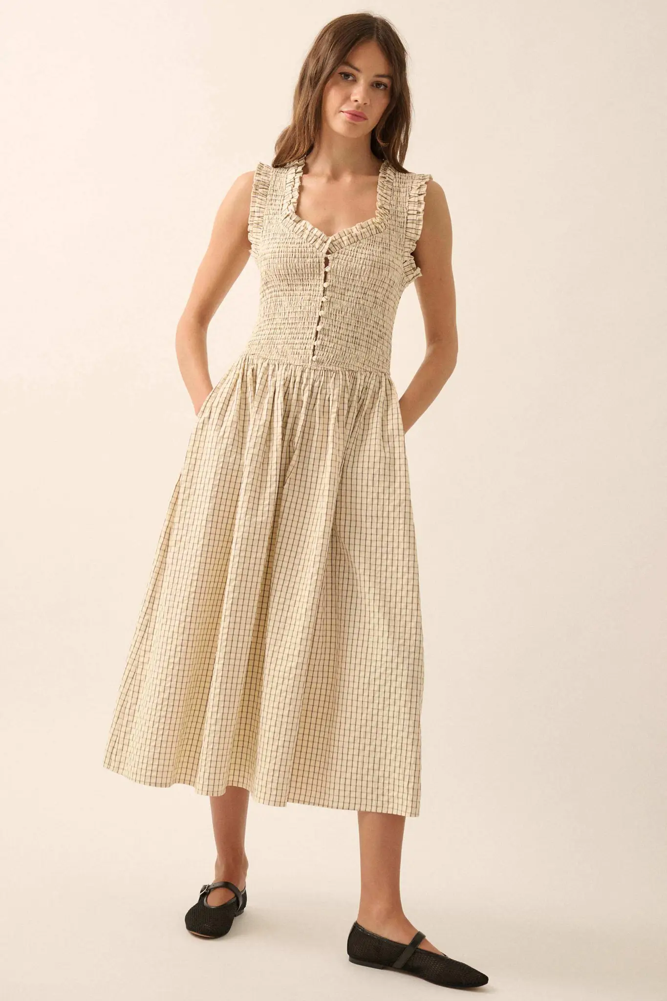 Pretty Please Smocked Paid Buttoned Midi Dress - Image 2
