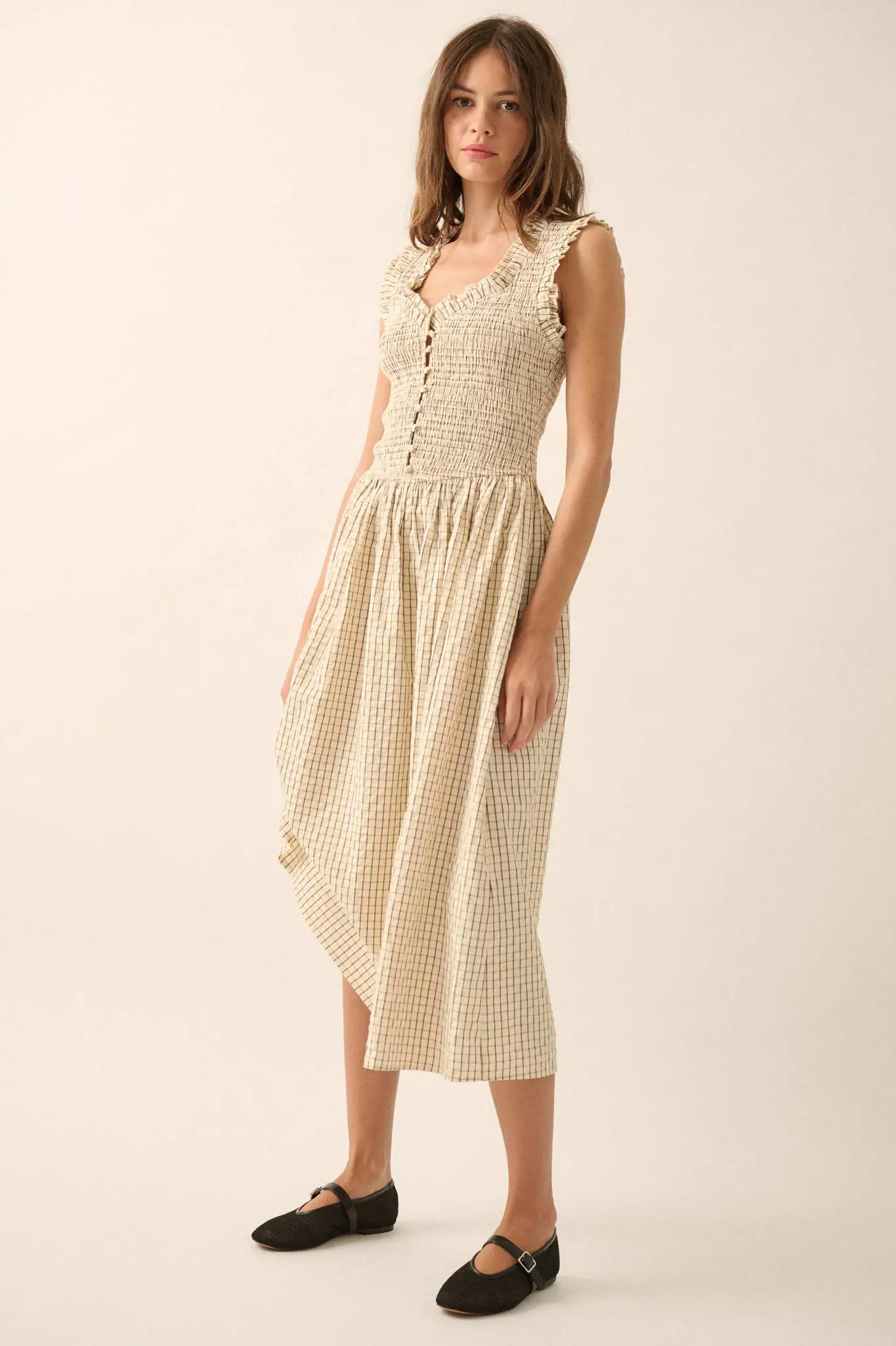 Pretty Please Smocked Paid Buttoned Midi Dress - Image 4