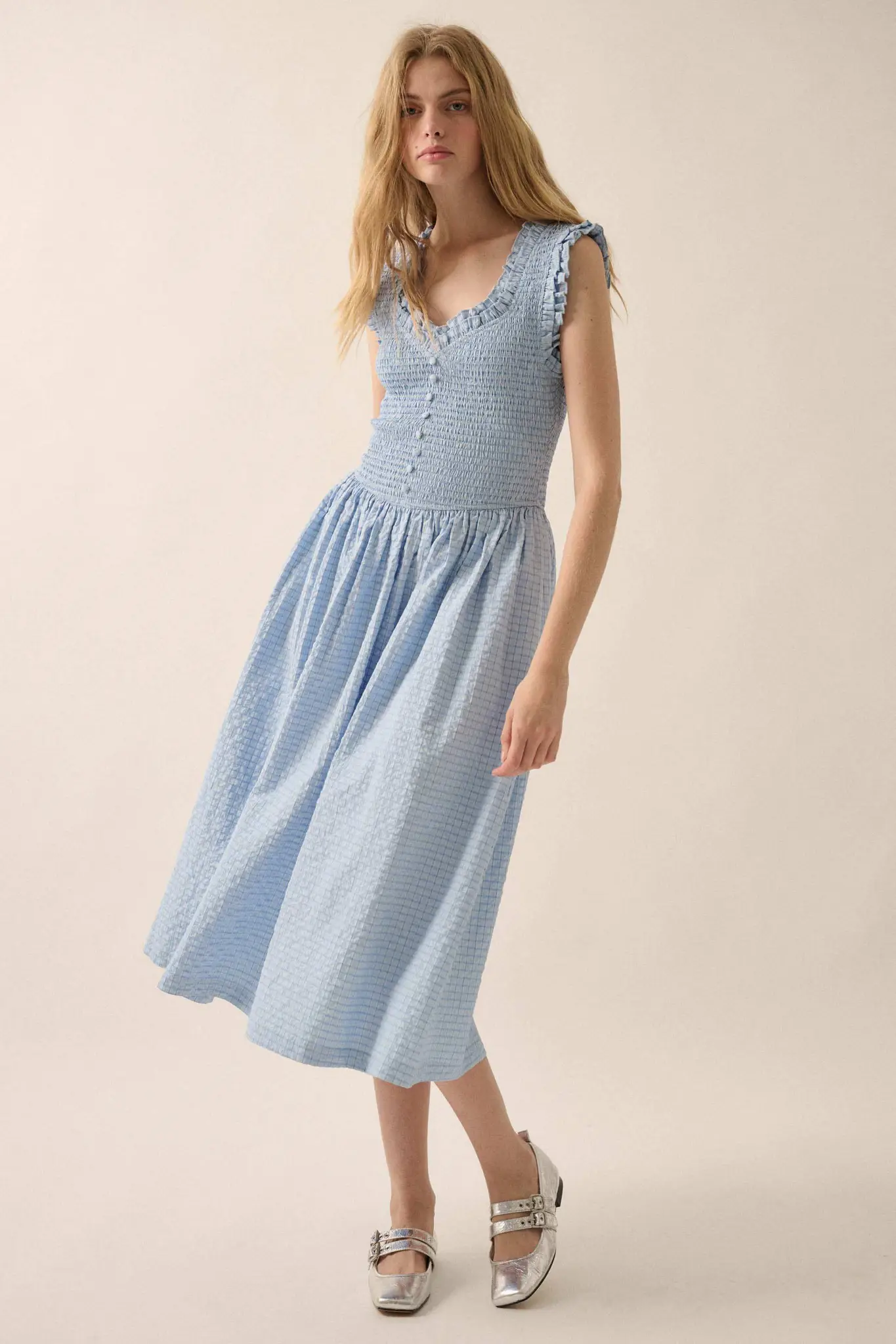 Pretty Please Smocked Paid Buttoned Midi Dress - Image 7