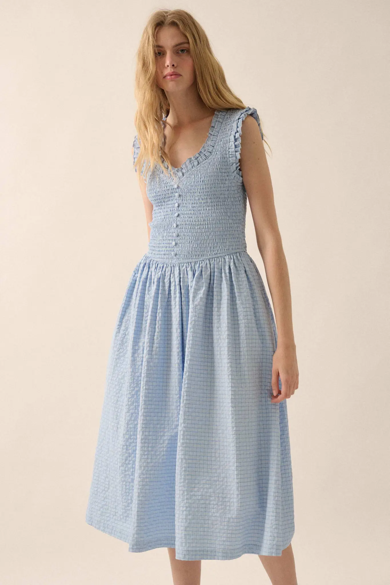 Pretty Please Smocked Paid Buttoned Midi Dress - Image 9