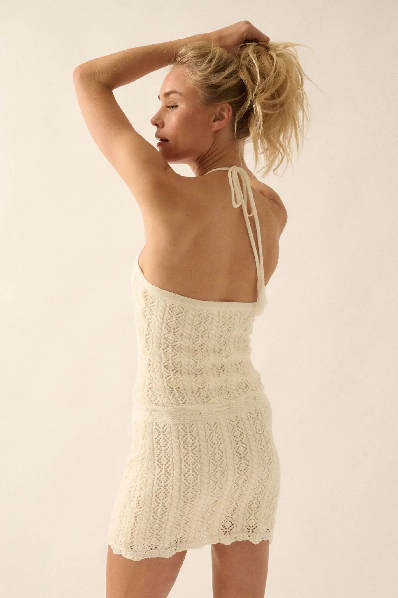 Pretty Twisted Crochet Knit Halter Mini Dress - Image 15