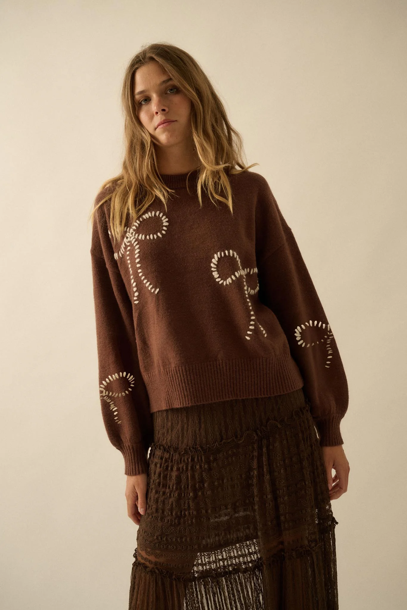 Promise Me Bow-Embroidered Balloon-Sleeve Sweater - Image 13