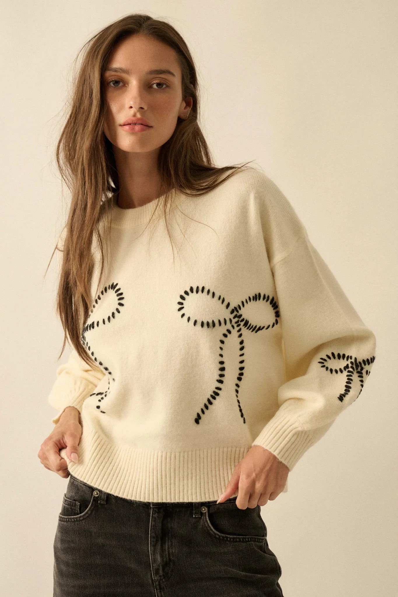 Promise Me Bow-Embroidered Balloon-Sleeve Sweater - Image 4