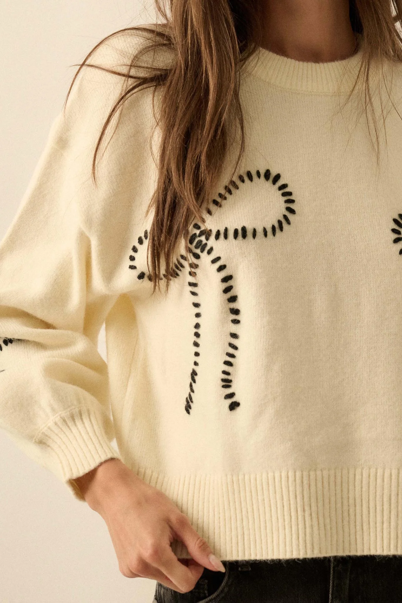Promise Me Bow-Embroidered Balloon-Sleeve Sweater - Image 5