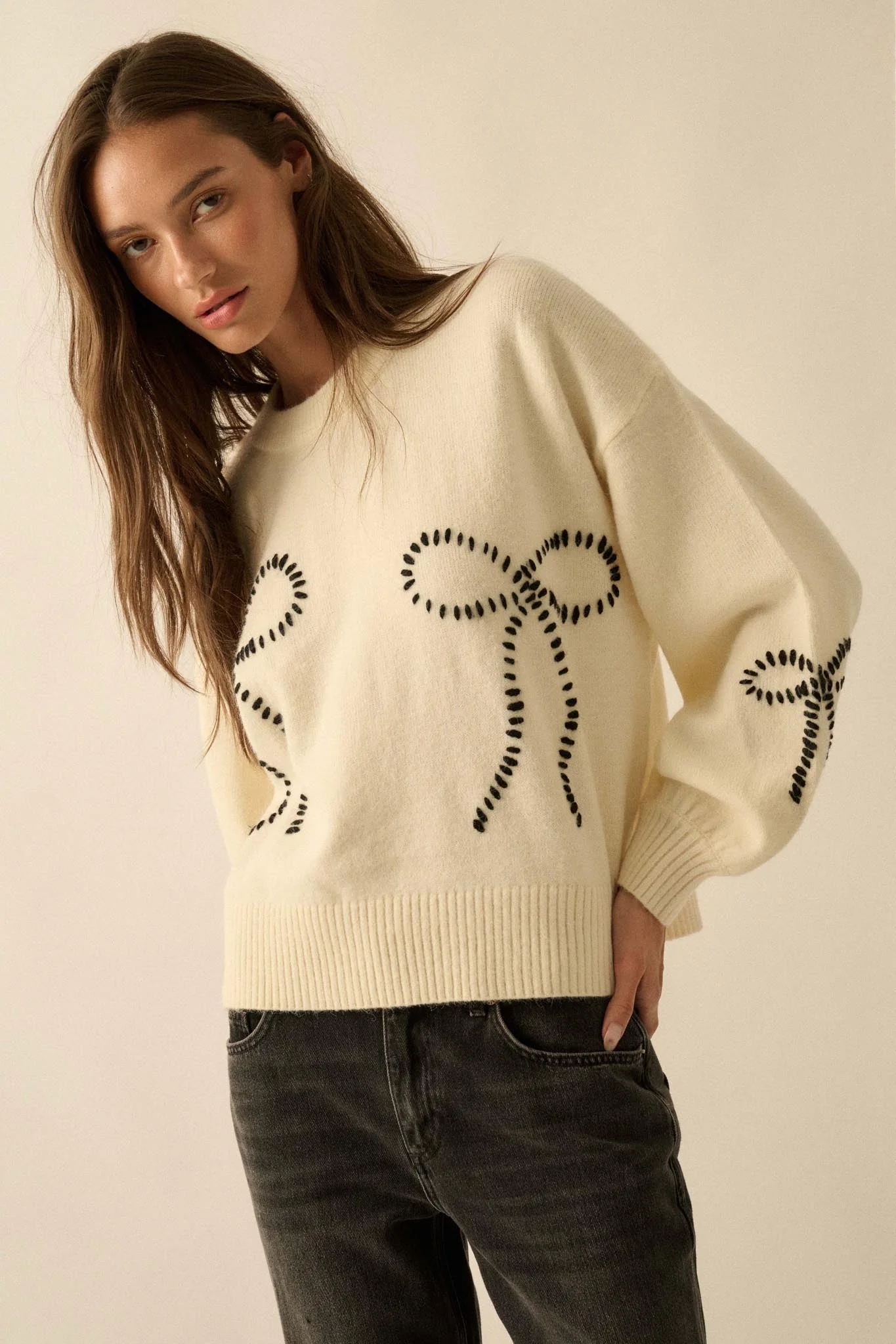 Promise Me Bow-Embroidered Balloon-Sleeve Sweater - Image 7