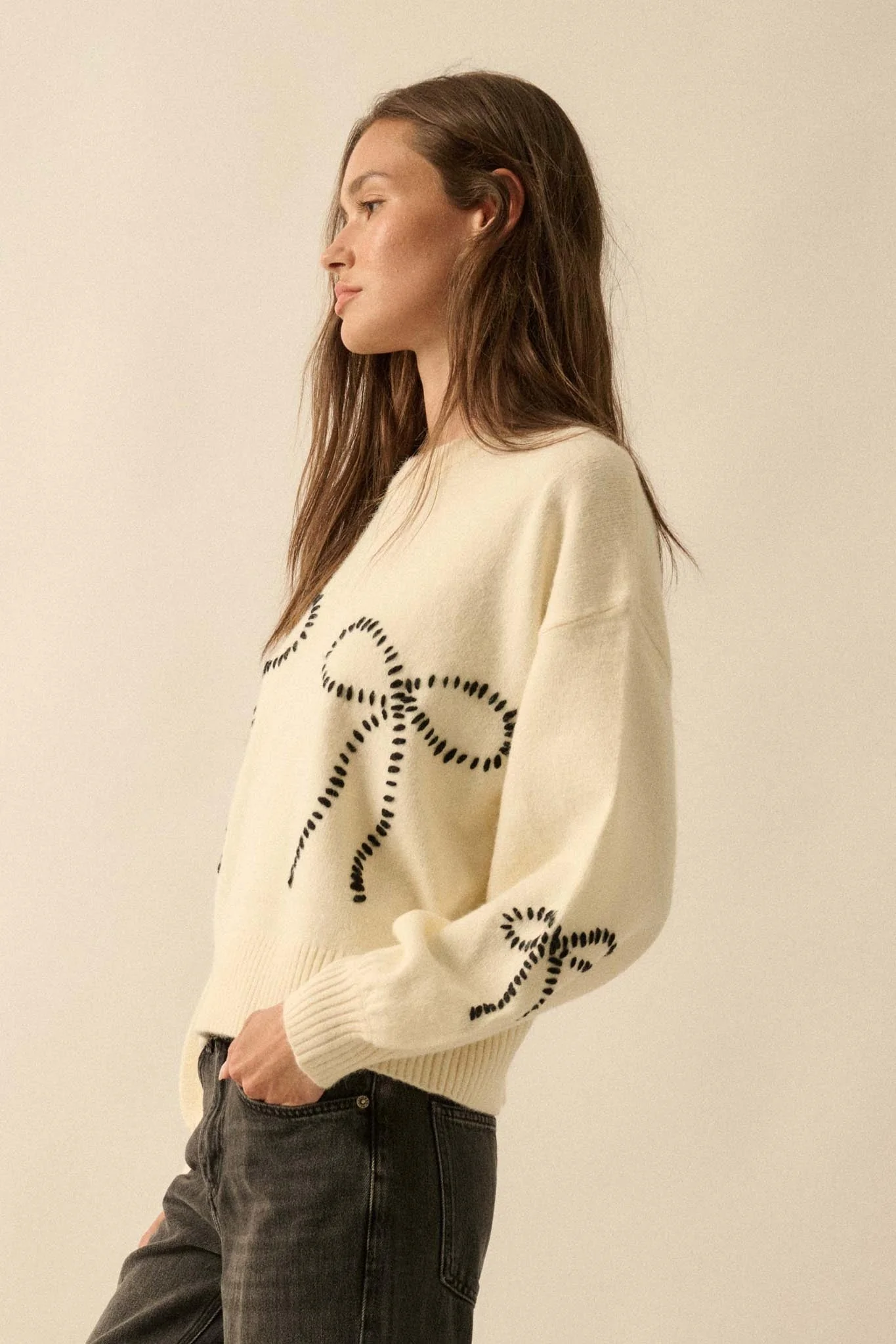 Promise Me Bow-Embroidered Balloon-Sleeve Sweater - Image 8