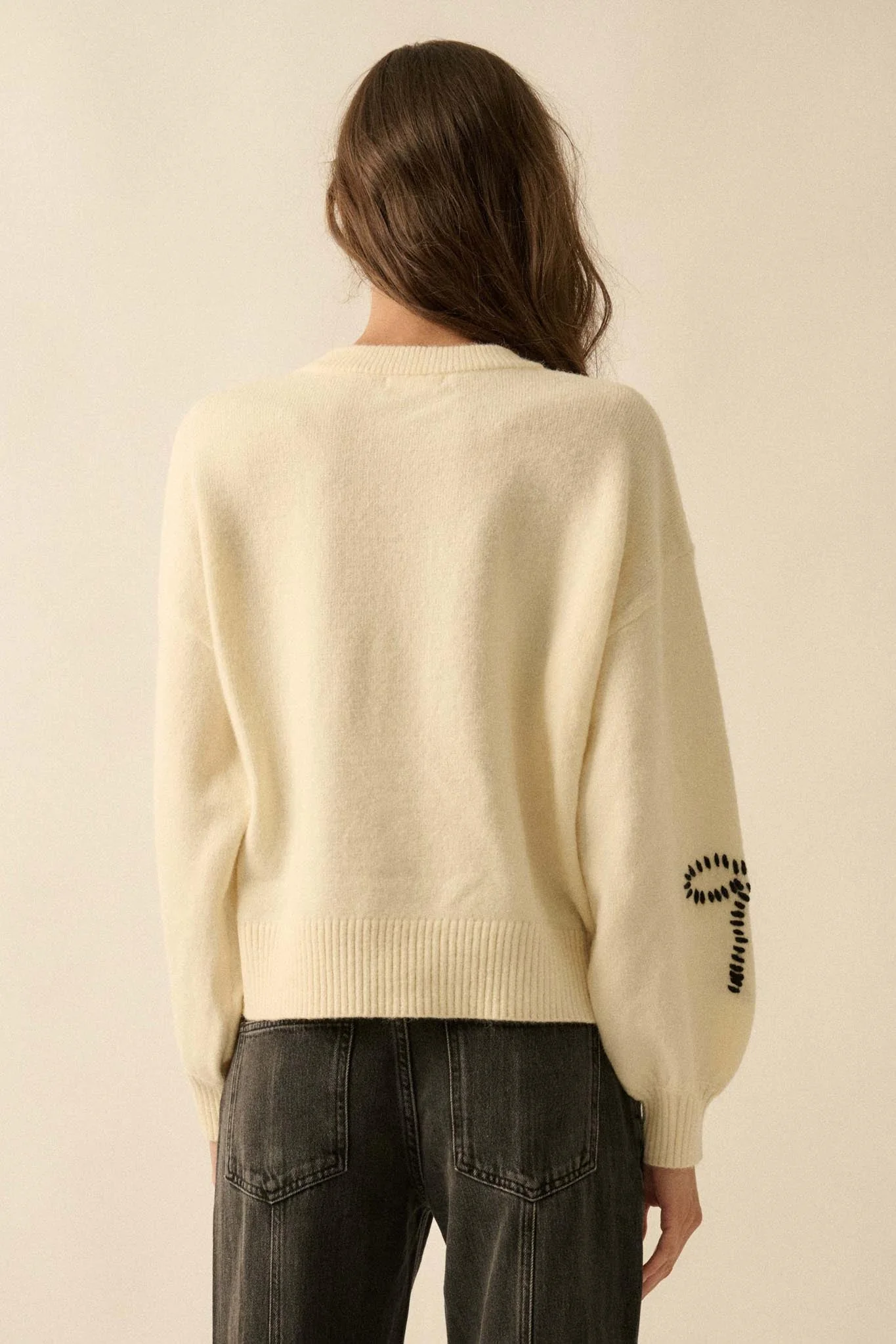 Promise Me Bow-Embroidered Balloon-Sleeve Sweater - Image 9