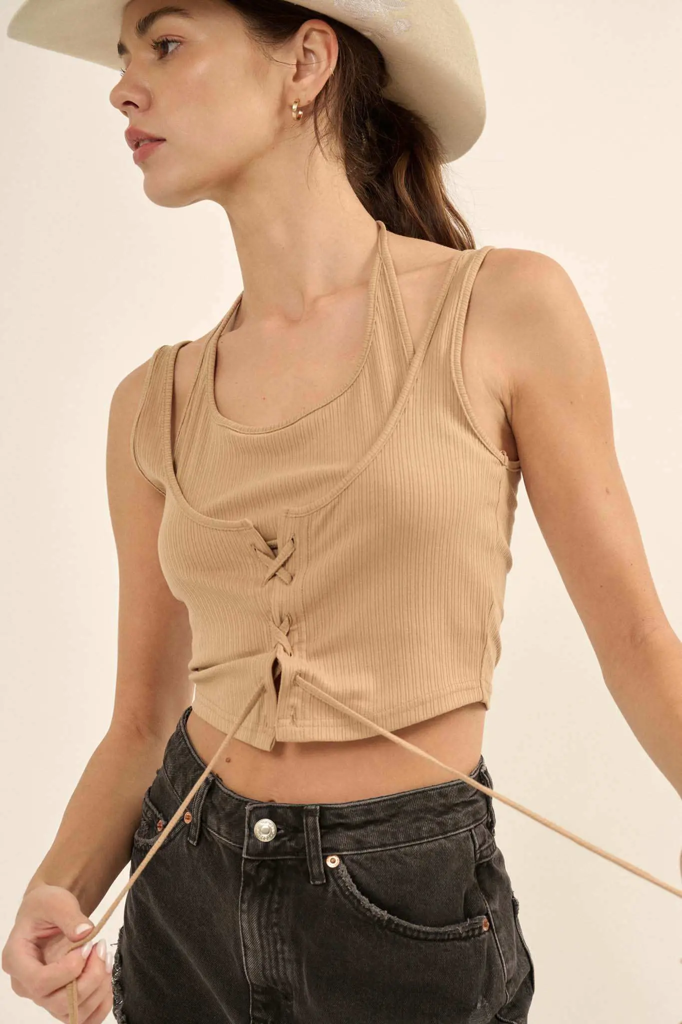 Promise the Label Rib-Knit Layered Lace-Up Tank Top - Image 10