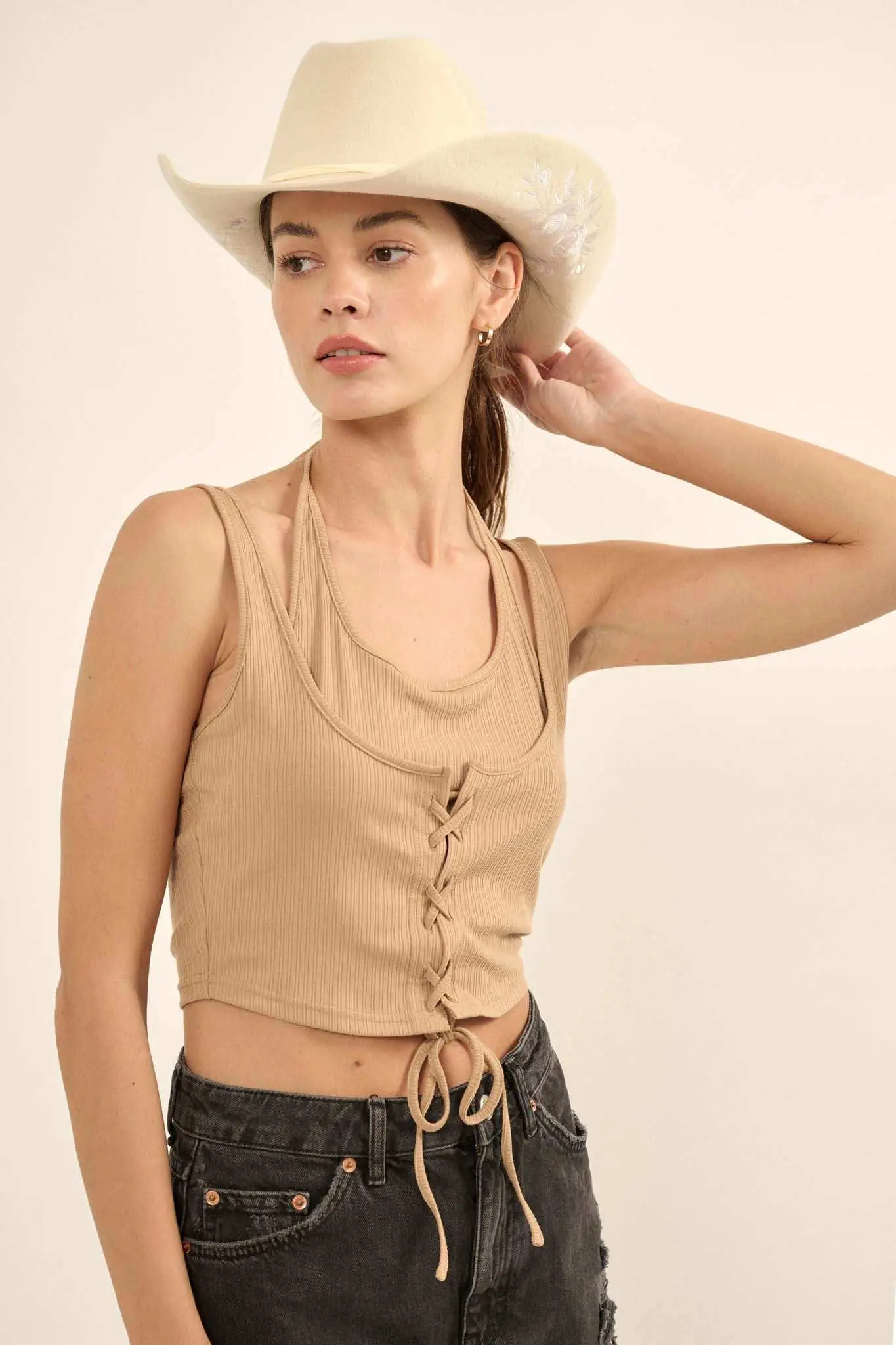Promise the Label Rib-Knit Layered Lace-Up Tank Top - Image 12