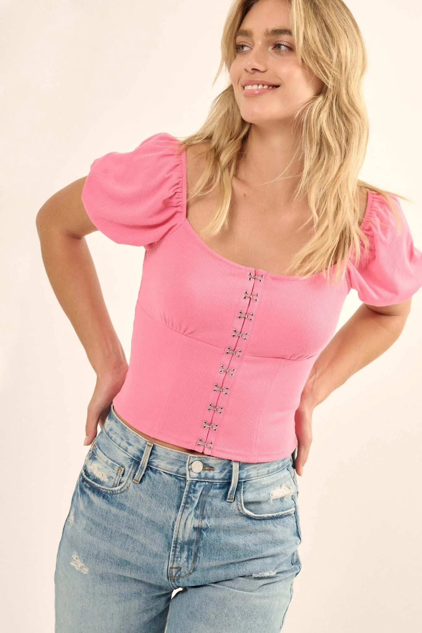 Promise the Label Rib-Knit Puff-Sleeve Peasant Top - Image 12