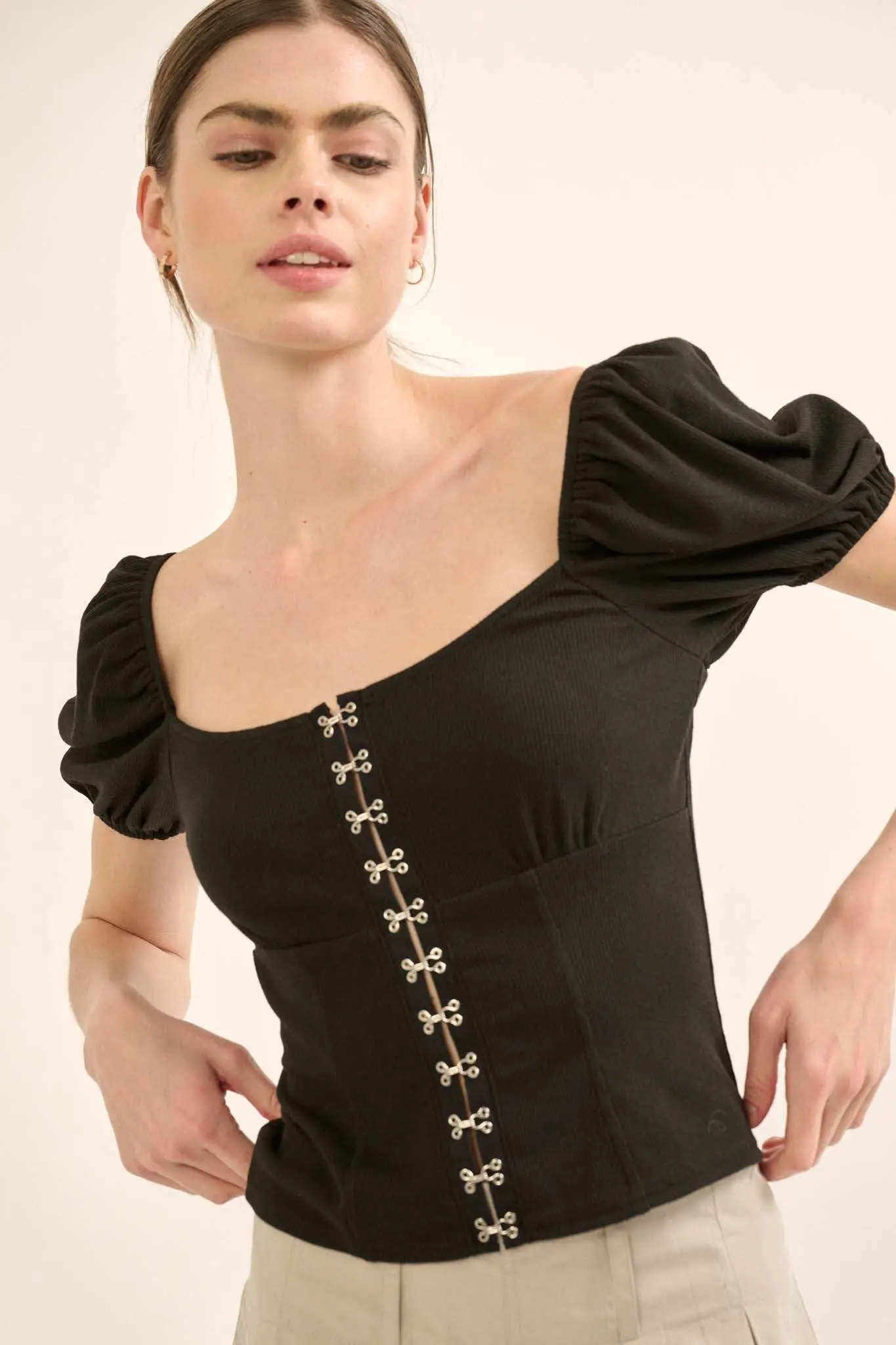 Promise the Label Rib-Knit Puff-Sleeve Peasant Top - Image 8
