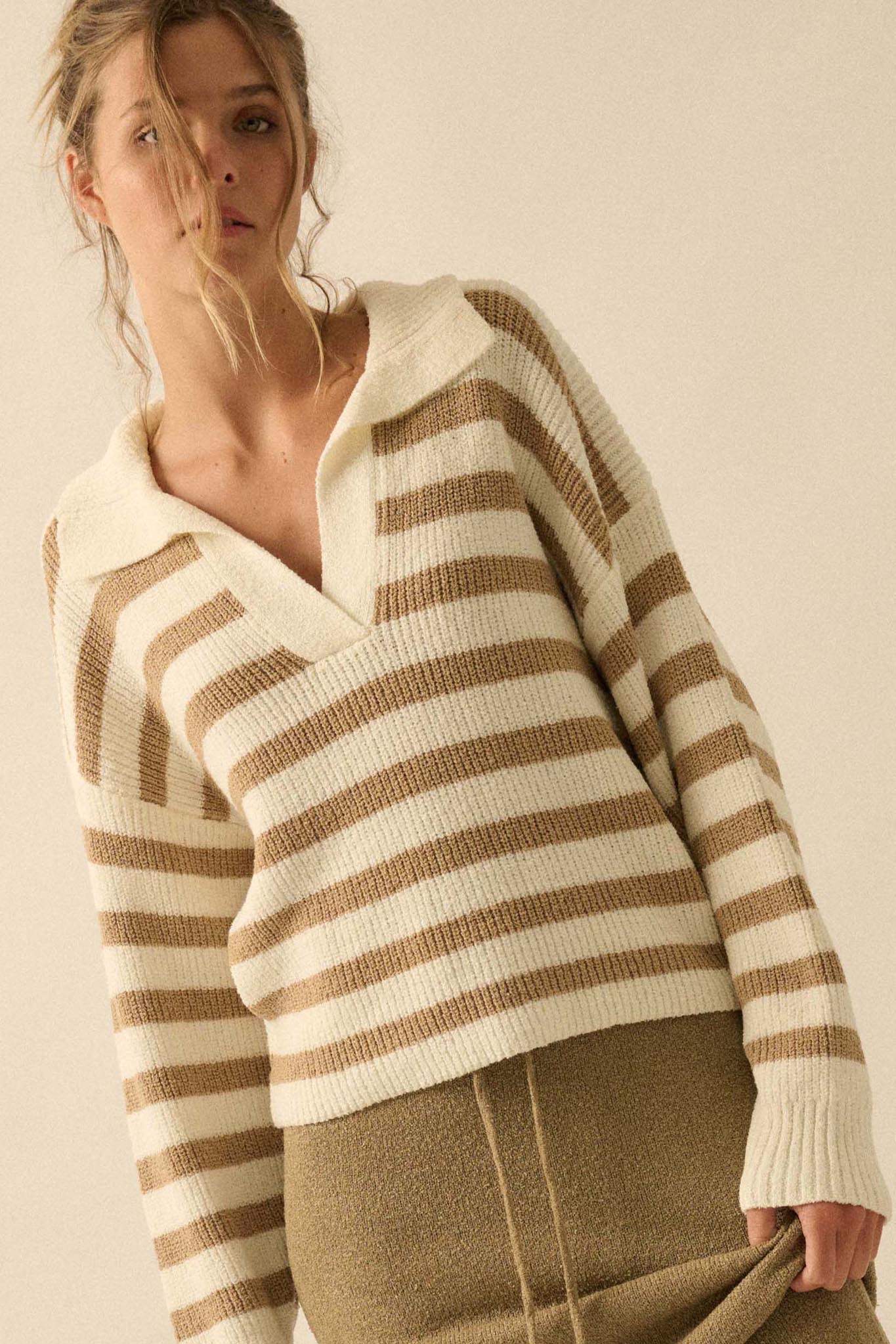 Promise the Label Striped Rib-Knit Collared Sweater - Image 10