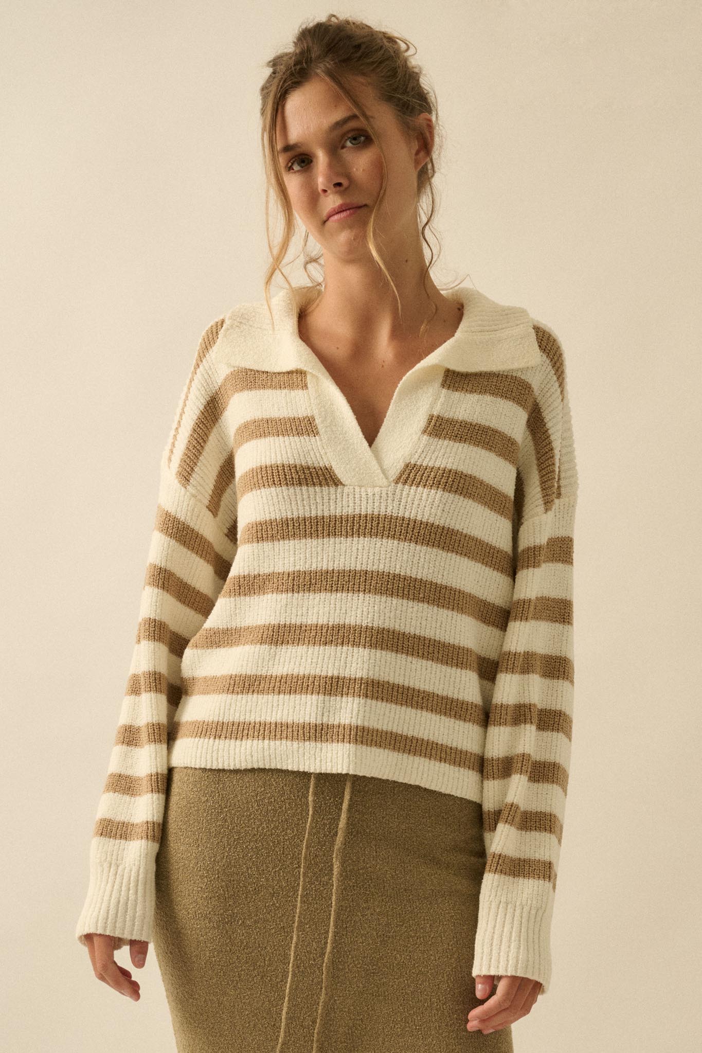 Promise the Label Striped Rib-Knit Collared Sweater - Image 13