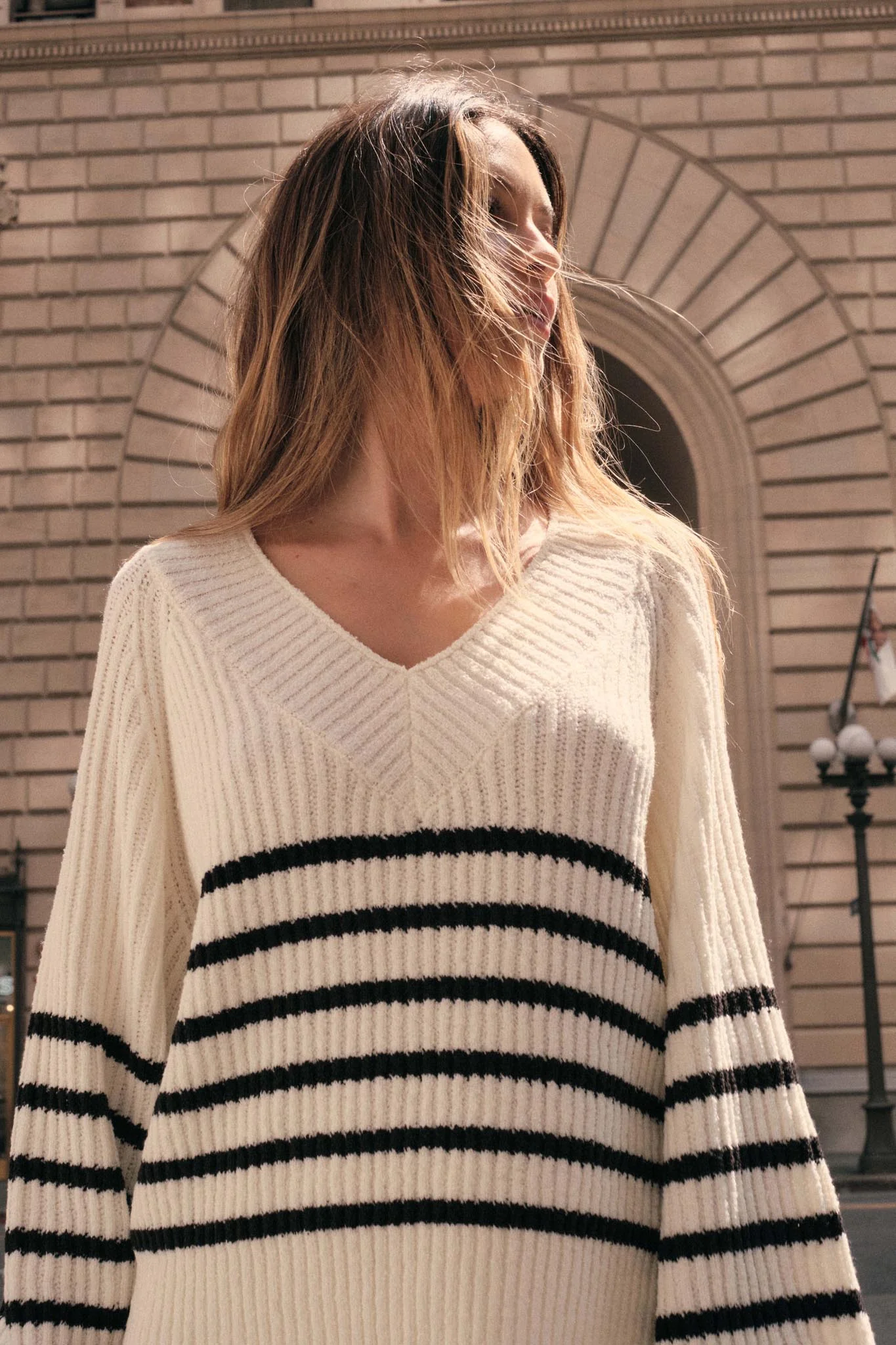 Promise the Label Striped Rib-Knit V-Neck Sweater - Image 3