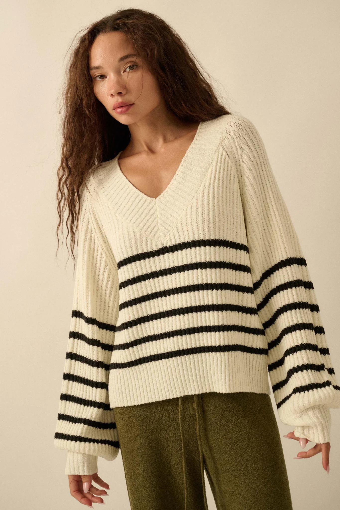 Promise the Label Striped Rib-Knit V-Neck Sweater - Image 4